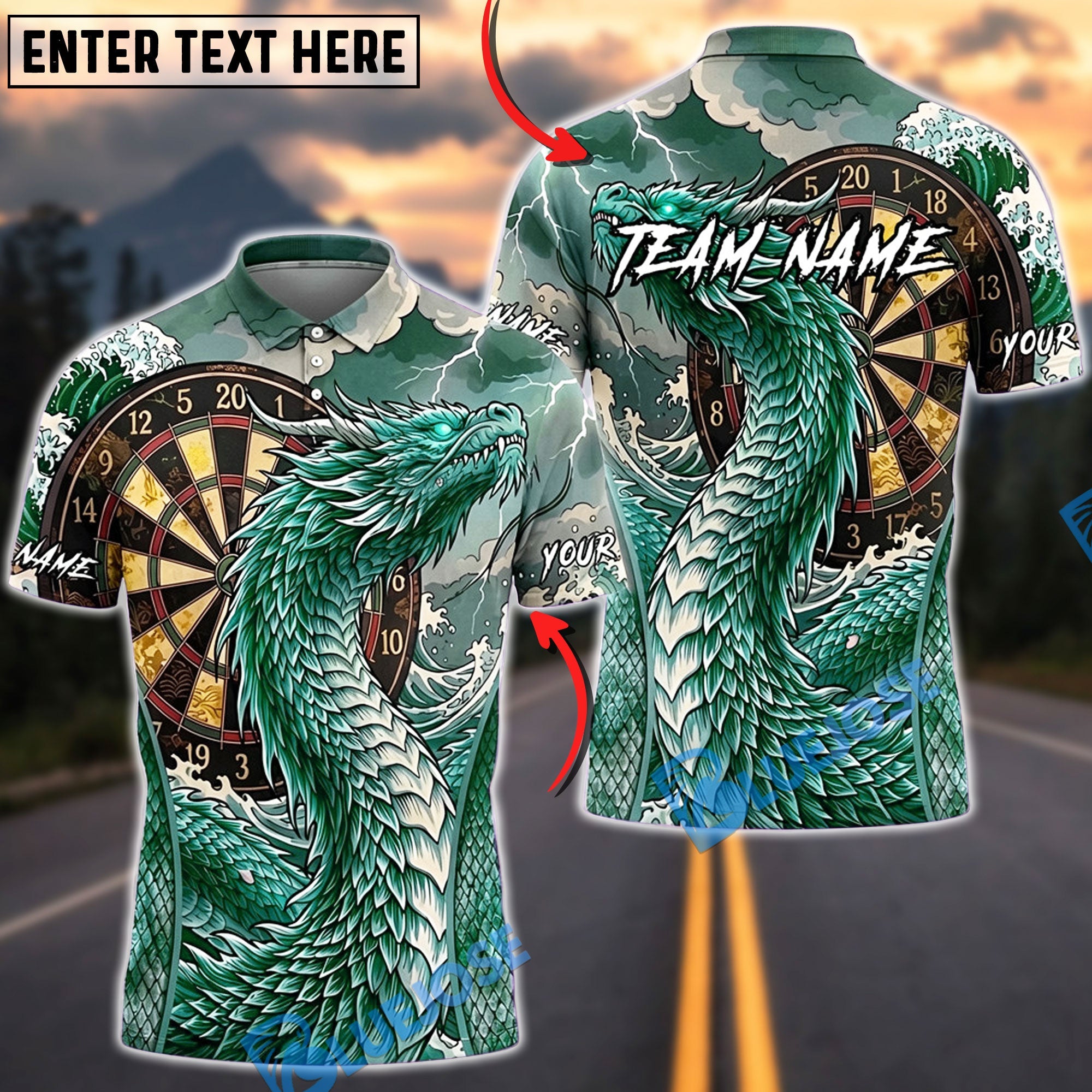 BlueJose Darts Eastern Dragon Mountain Dartboard Personalized Name, Team Name Unisex Shirt (4 Colors)