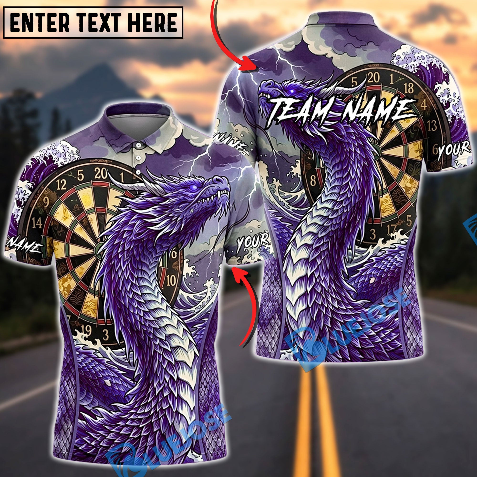 BlueJose Darts Eastern Dragon Mountain Dartboard Personalized Name, Team Name Unisex Shirt (4 Colors)