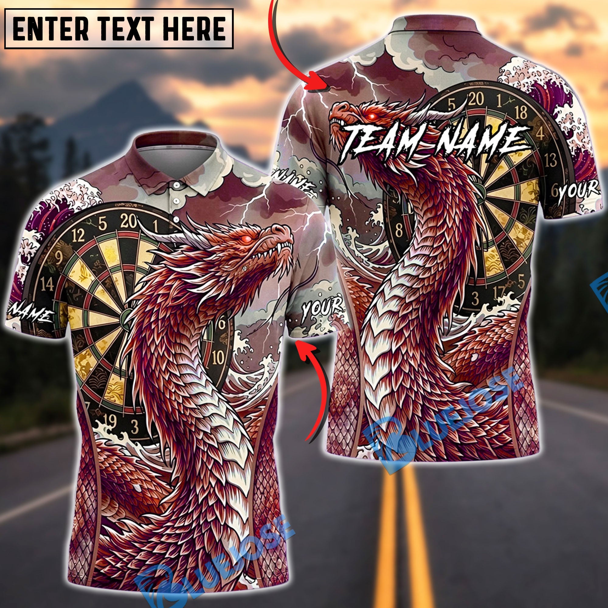 BlueJose Darts Eastern Dragon Mountain Dartboard Personalized Name, Team Name Unisex Shirt (4 Colors)