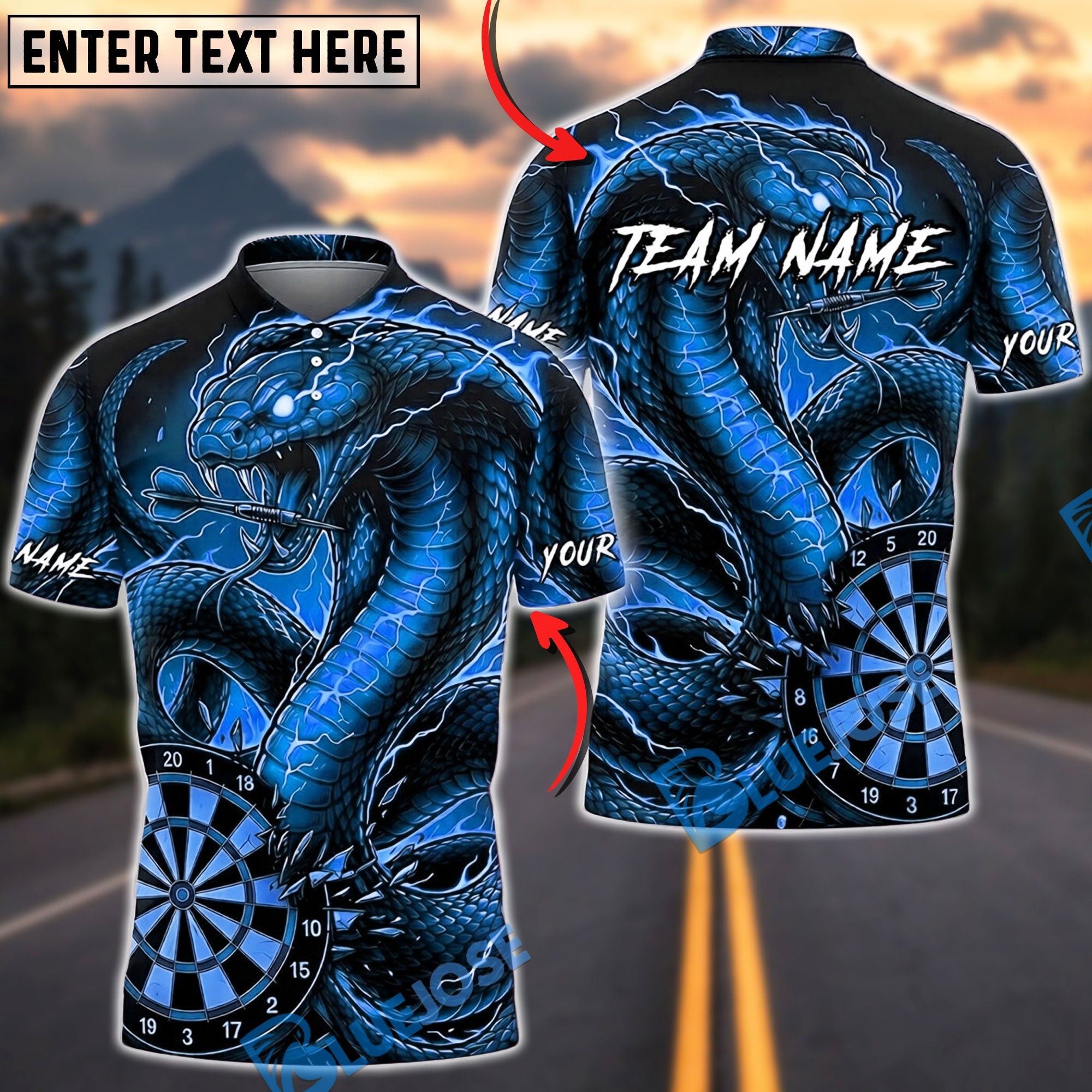 BlueJose Darts Flame Thunder Snake Ocean Dragon Dartboard Personalized Name, Team Name Unisex Shirt (4 Colors)