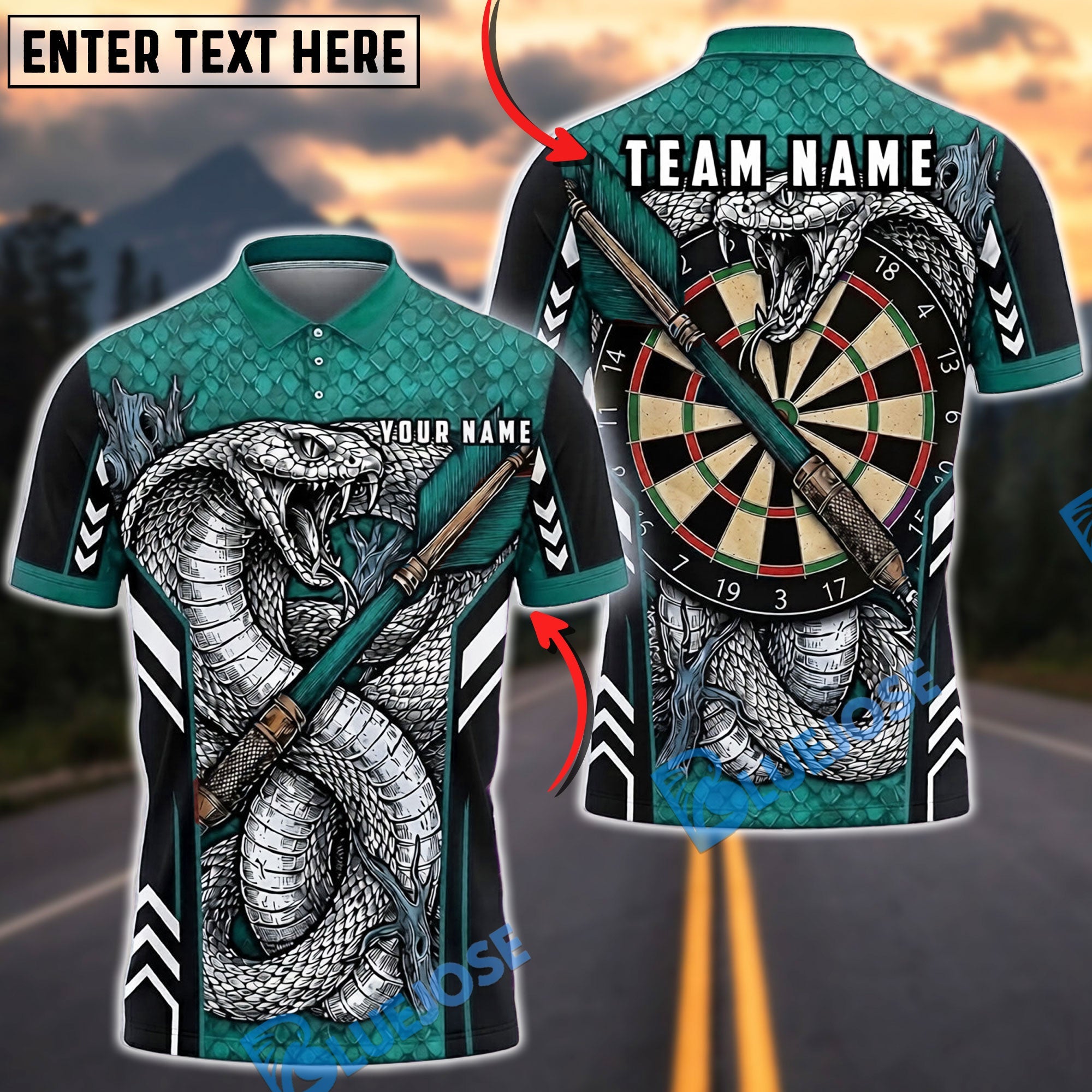 BlueJose Darts Cobra Snake Crossed Arrows Personalized Name, Team Name Unisex Shirt (4 Colors)