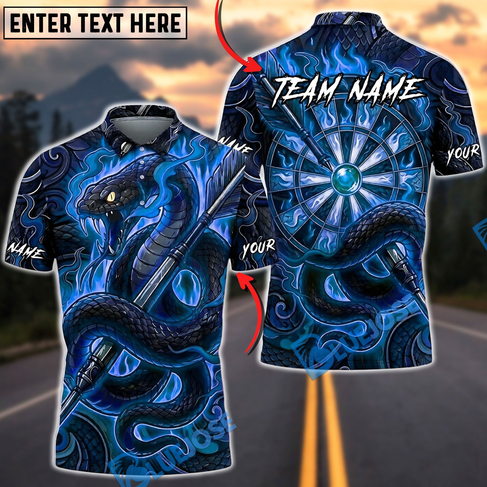 BlueJose Darts Black Snake Mystic Dragon Energy Orb Personalized Name, Team Name Unisex Shirt (4 Colors)