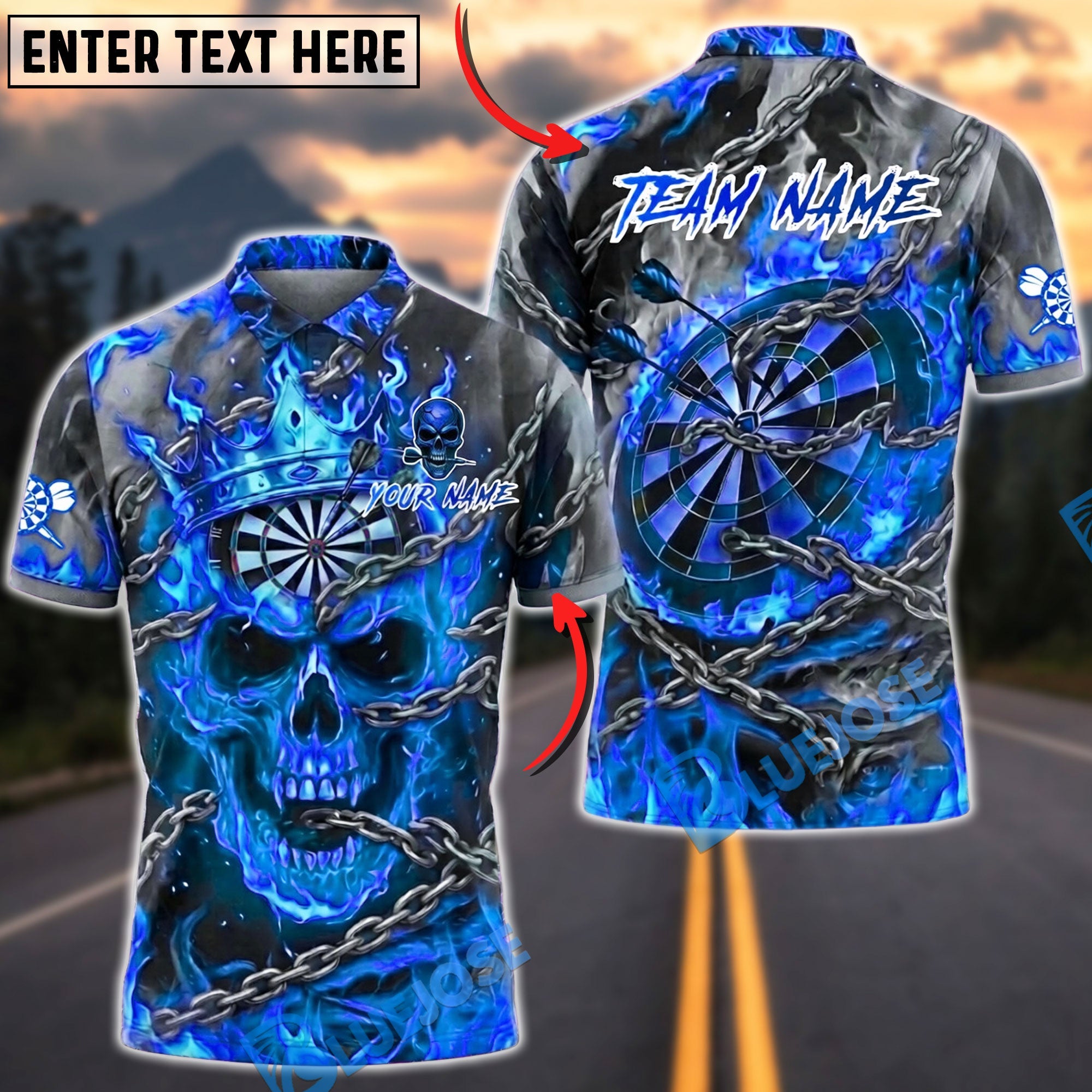 BlueJose Darts Flaming Skull Dartboard Crown and Chains Personalized Name, Team Name Unisex Shirt (4 Colors)