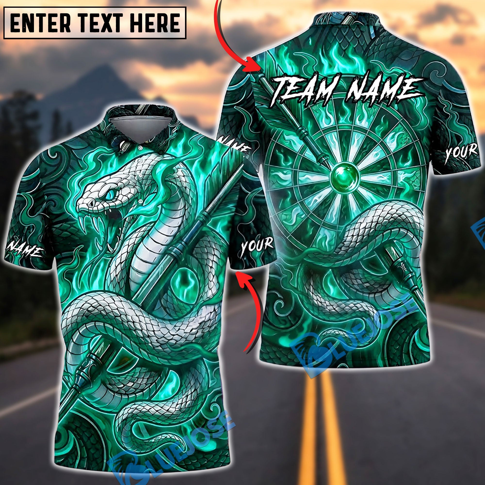 BlueJose Darts White Snake Serpent Dragon Energy Orb Personalized Name, Team Name Unisex Shirt (4 Colors)