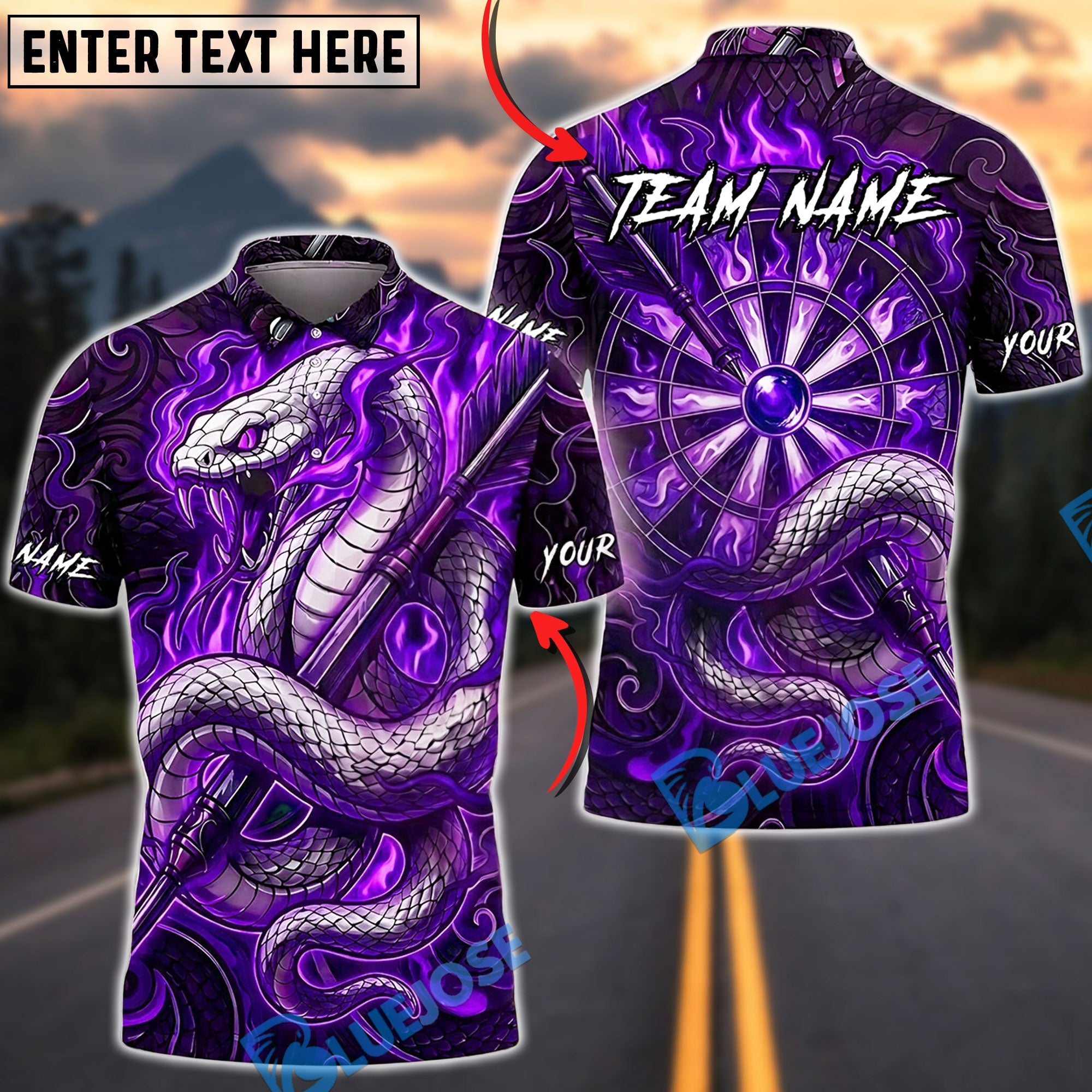 BlueJose Darts White Snake Serpent Dragon Energy Orb Personalized Name, Team Name Unisex Shirt (4 Colors)