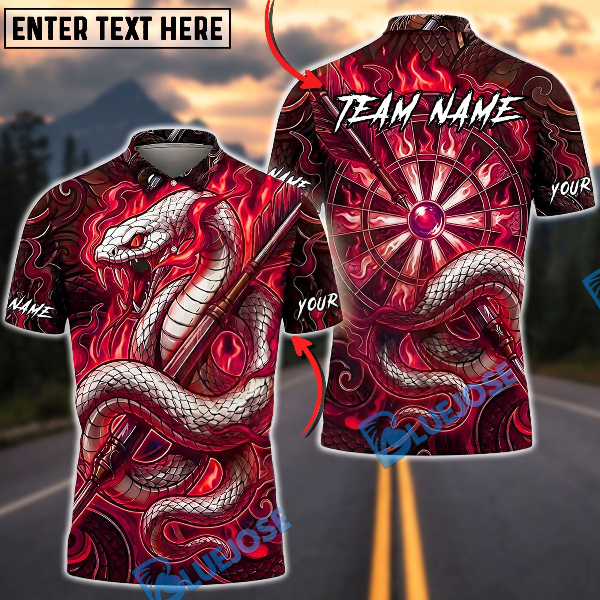 BlueJose Darts White Snake Serpent Dragon Energy Orb Personalized Name, Team Name Unisex Shirt (4 Colors)