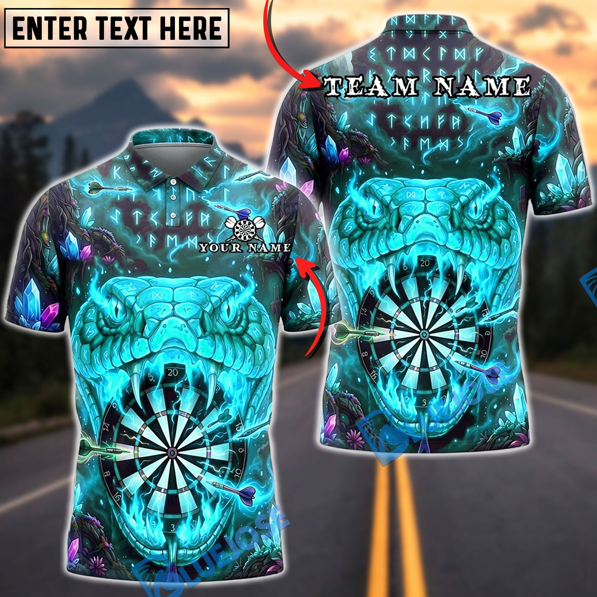 BlueJose Darts Snake Monster Fangs Graffiti Dartboard Personalized Name, Team Name Unisex Shirt (4 Colors)