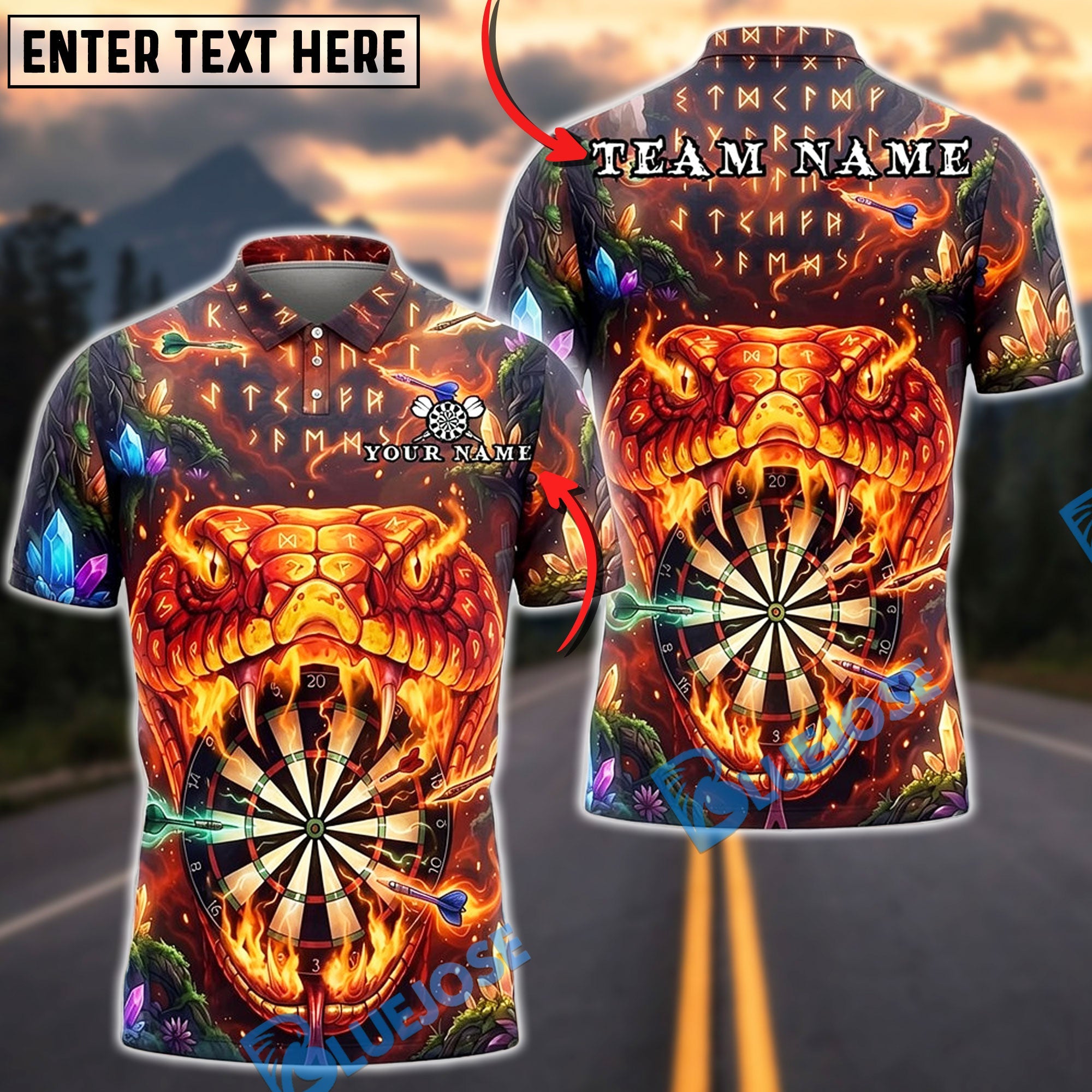 BlueJose Darts Snake Monster Fangs Graffiti Dartboard Personalized Name, Team Name Unisex Shirt (4 Colors)