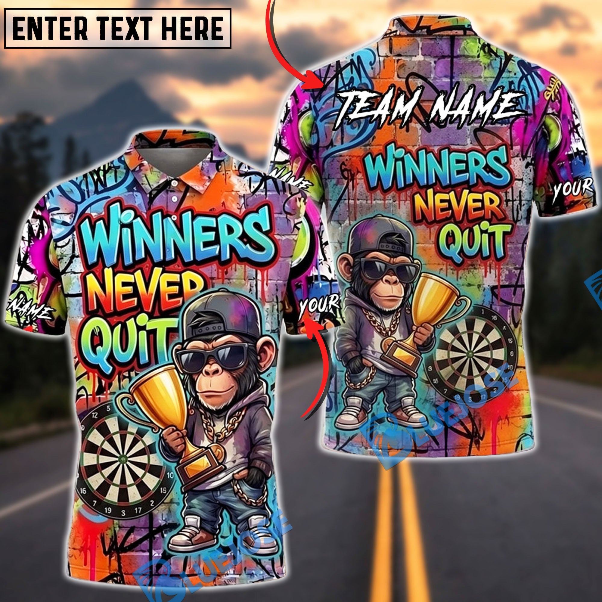 BlueJose Darts Monkey Winners Never Quit Street Art Personalized Name Shirt