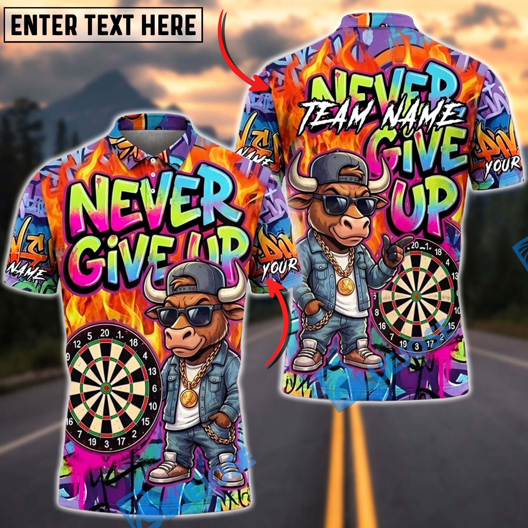 BlueJose Darts Bull Never Give Up Cool Kid Graffiti Personalized Name Shirt