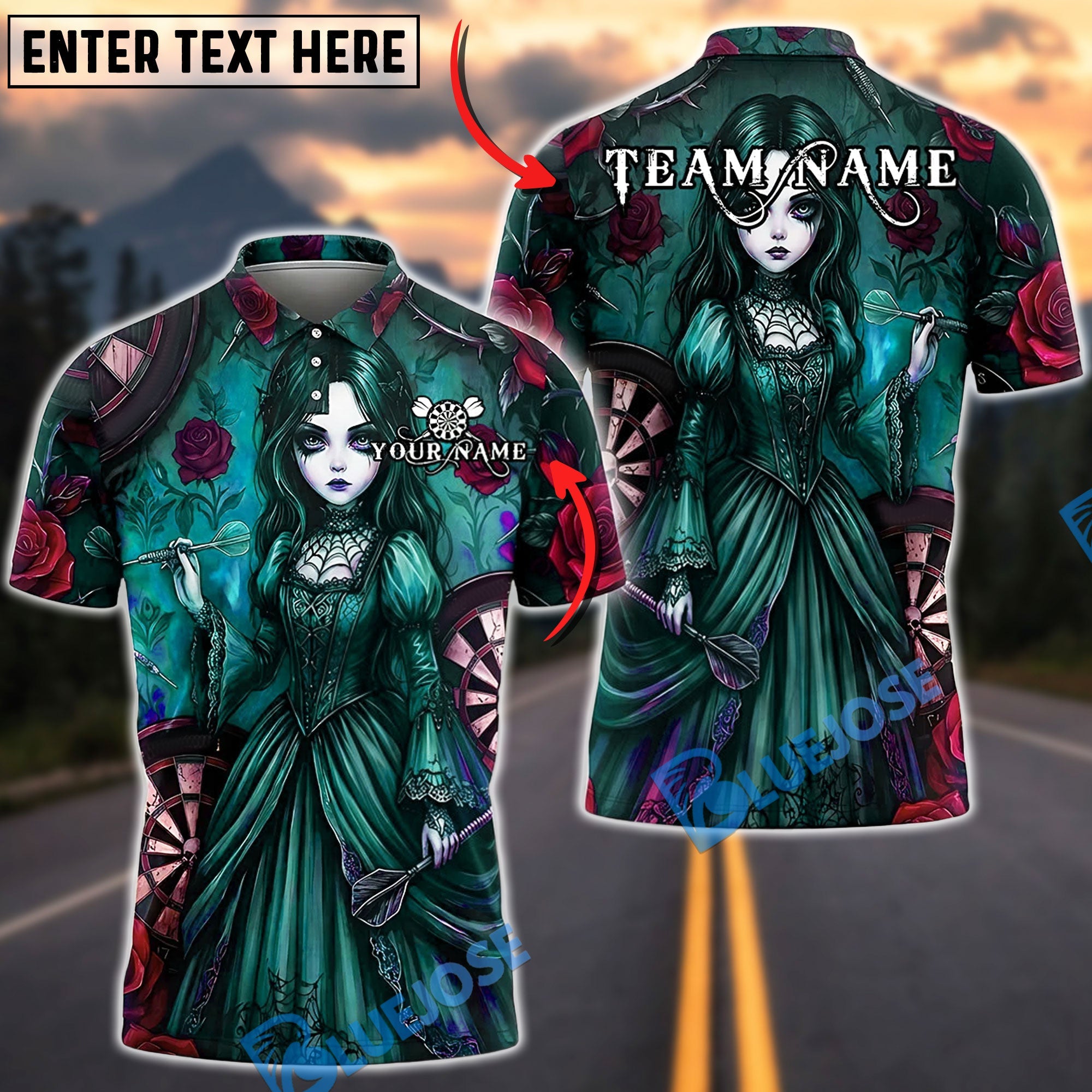 BlueJose Darts Gothic Girl Roses Dartboard Personalized Name, Team Name Unisex Shirt (4 Colors)