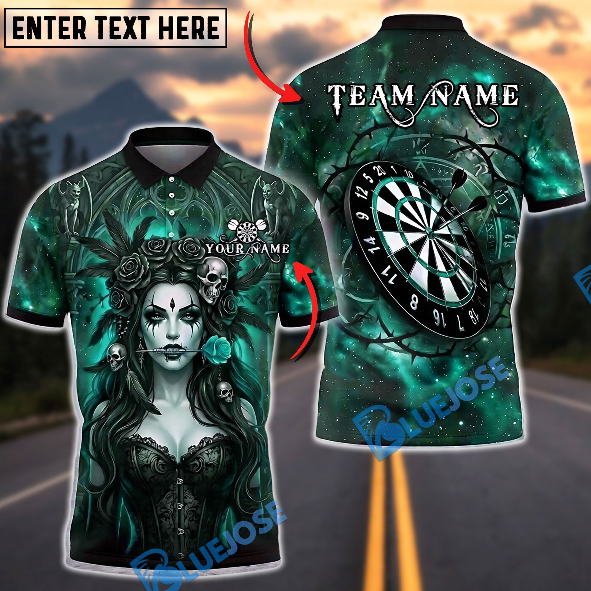 BlueJose Darts Gothic Queen Cosmic Dartboard Personalized Name, Team Name Unisex Shirt (4 Colors)