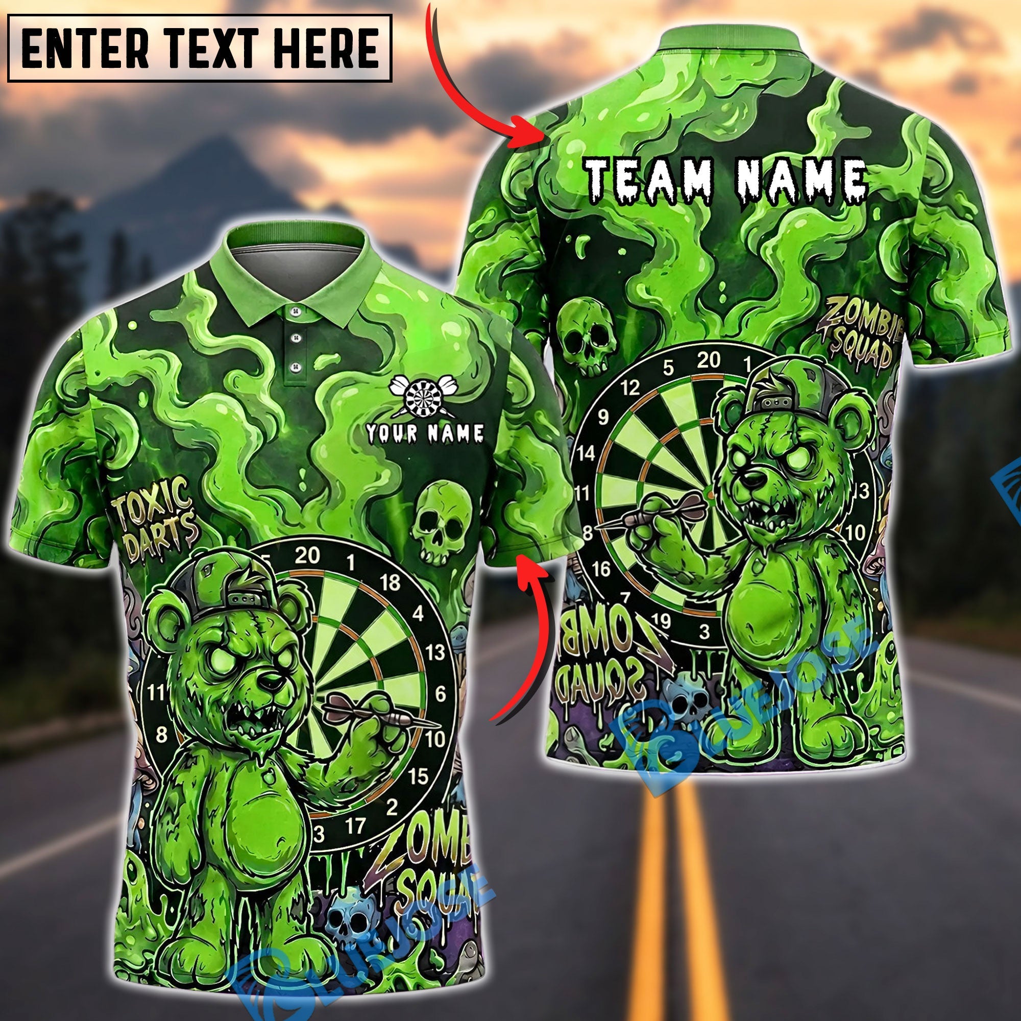 BlueJose Darts Zombie Bear Dartboard Toxic Smoke Personalized Name, Team Name Unisex Shirt (4 Colors)