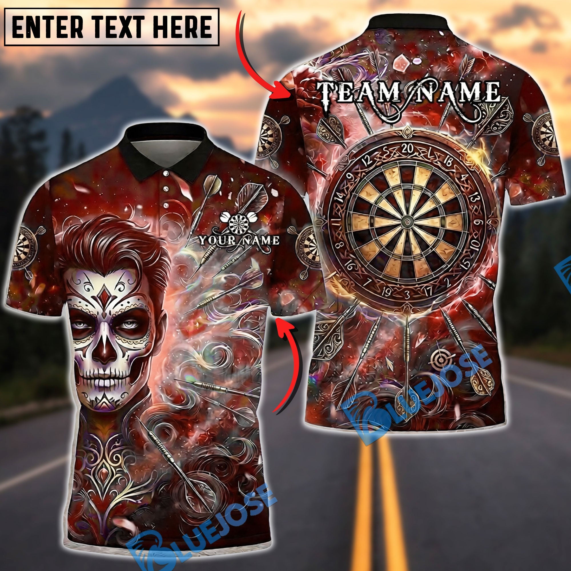 BlueJose Darts Day of the Dead Gentleman Ornate Dartboard Personalized Name, Team Name Unisex Shirt (4 Colors)