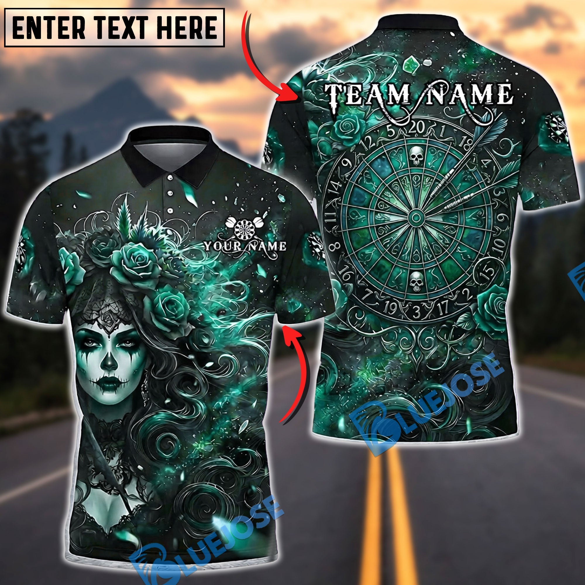 BlueJose Darts Gothic Rose Lady Dartboard Personalized Name, Team Name Unisex Shirt (4 Colors)
