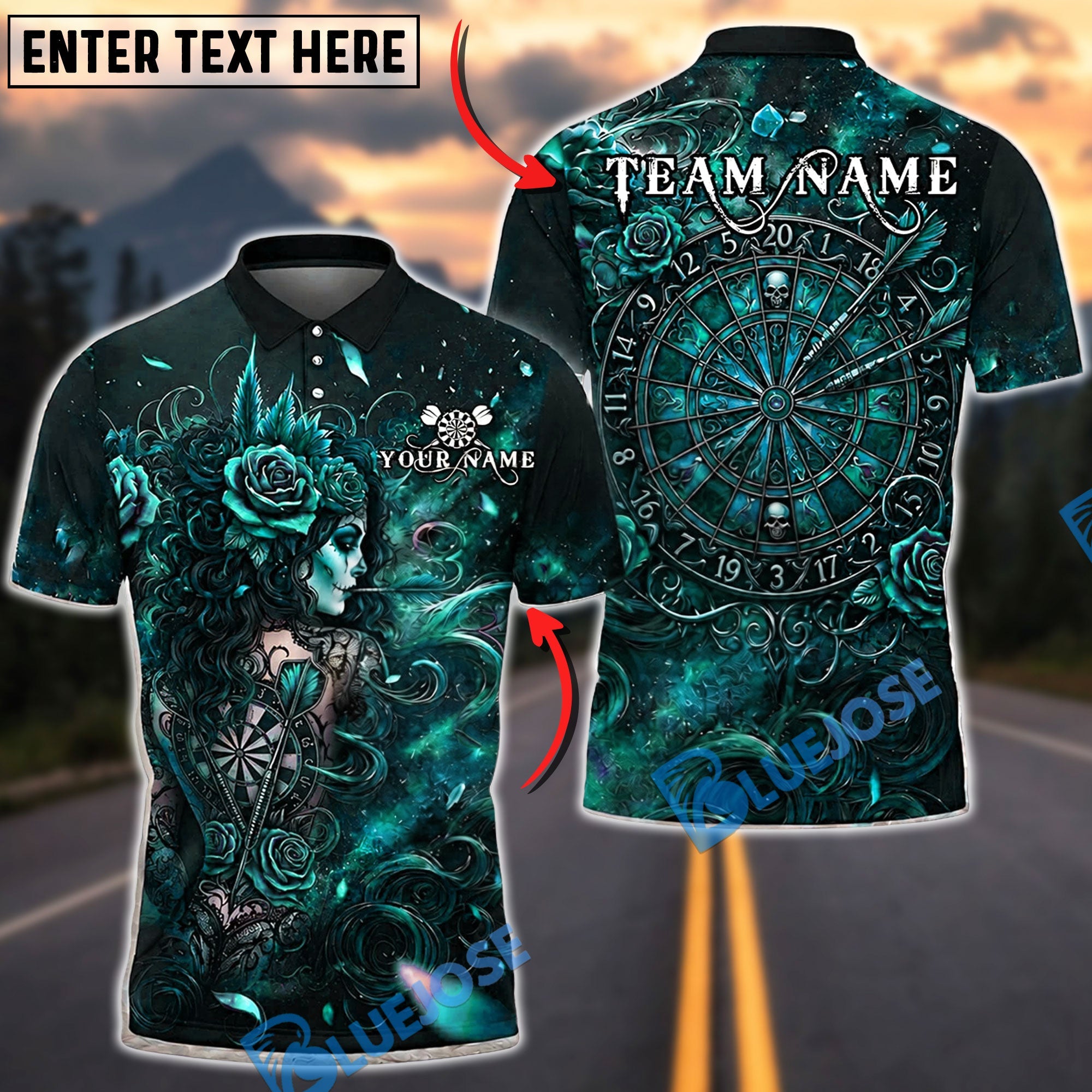 BlueJose Darts Gothic Rose Profile Ornate Dartboard Personalized Name, Team Name Unisex Shirt (6 Colors)