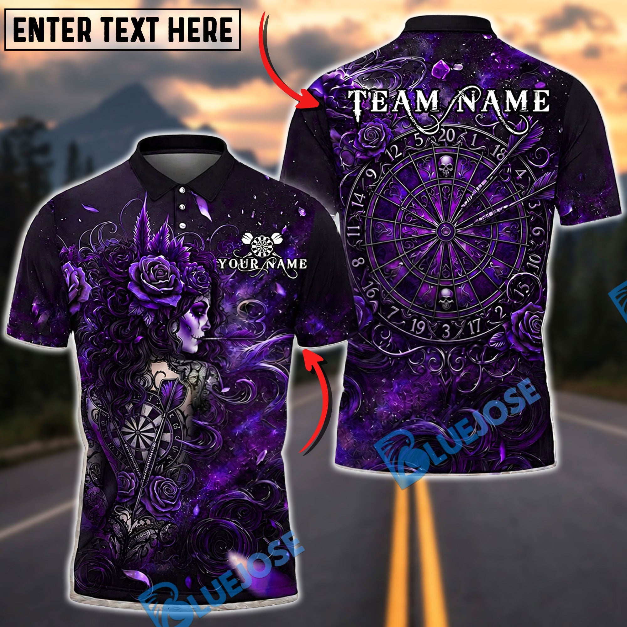 BlueJose Darts Gothic Rose Profile Ornate Dartboard Personalized Name, Team Name Unisex Shirt (6 Colors)