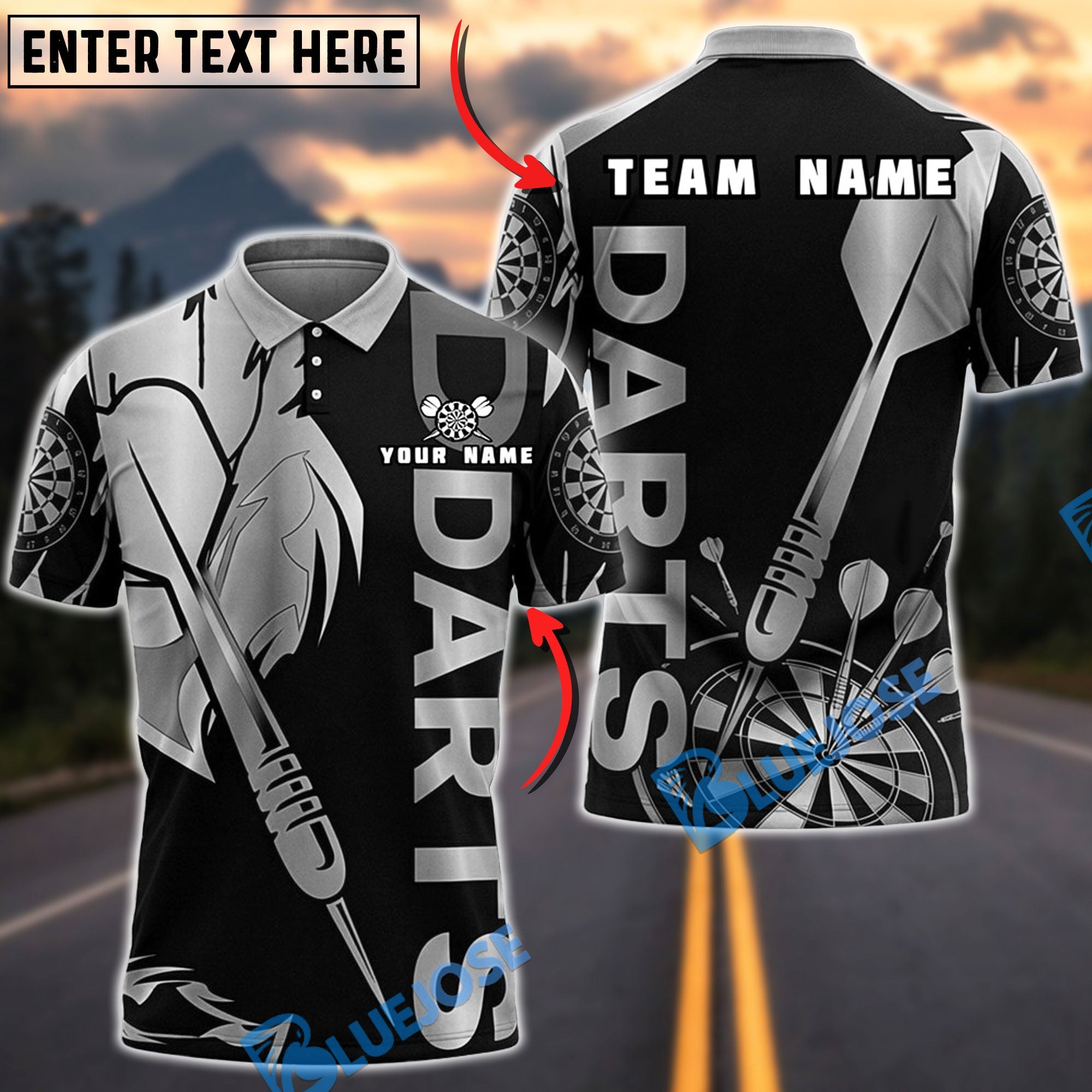 BlueJose Darts Golden Luxury Typography Abstract Dartboard Personalized Name, Team Name Unisex Shirt (6 Colors)