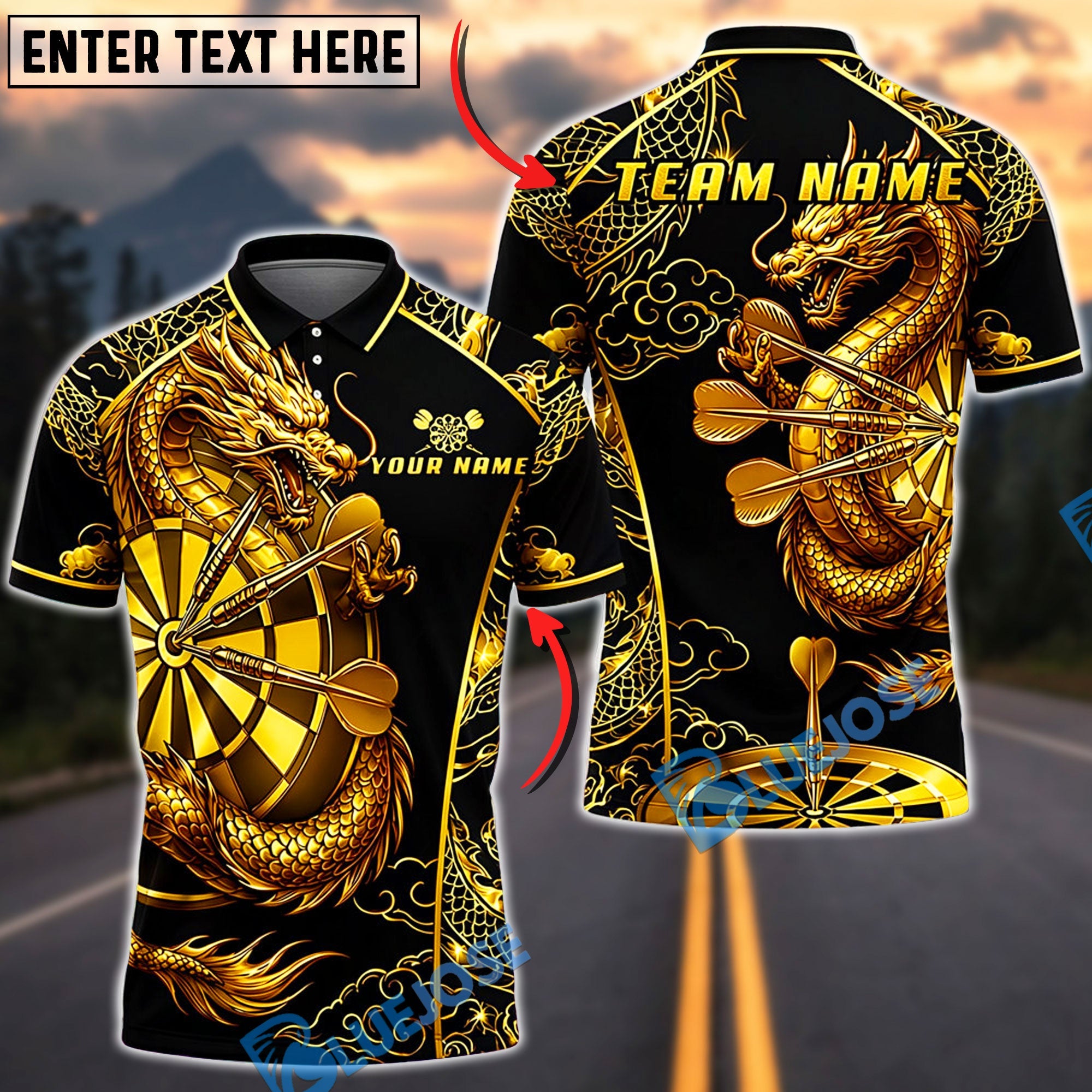 BlueJose Darts Golden Imperial Dragon Ornate Dartboard Personalized Name, Team Name Unisex Shirt (6 Colors)