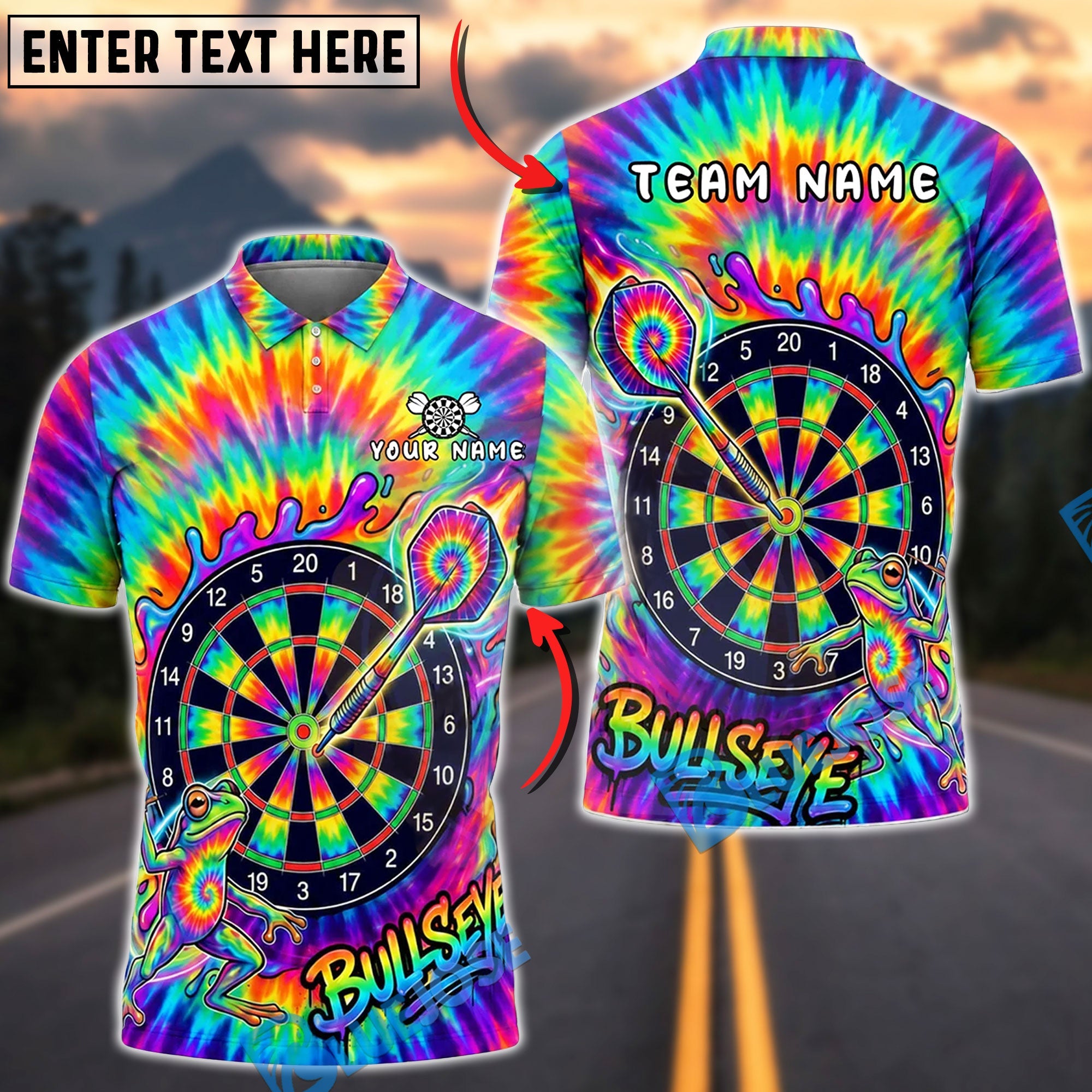 BlueJose Darts Tie-Dye Frog Bullseye Dartboard Personalized Name Shirt