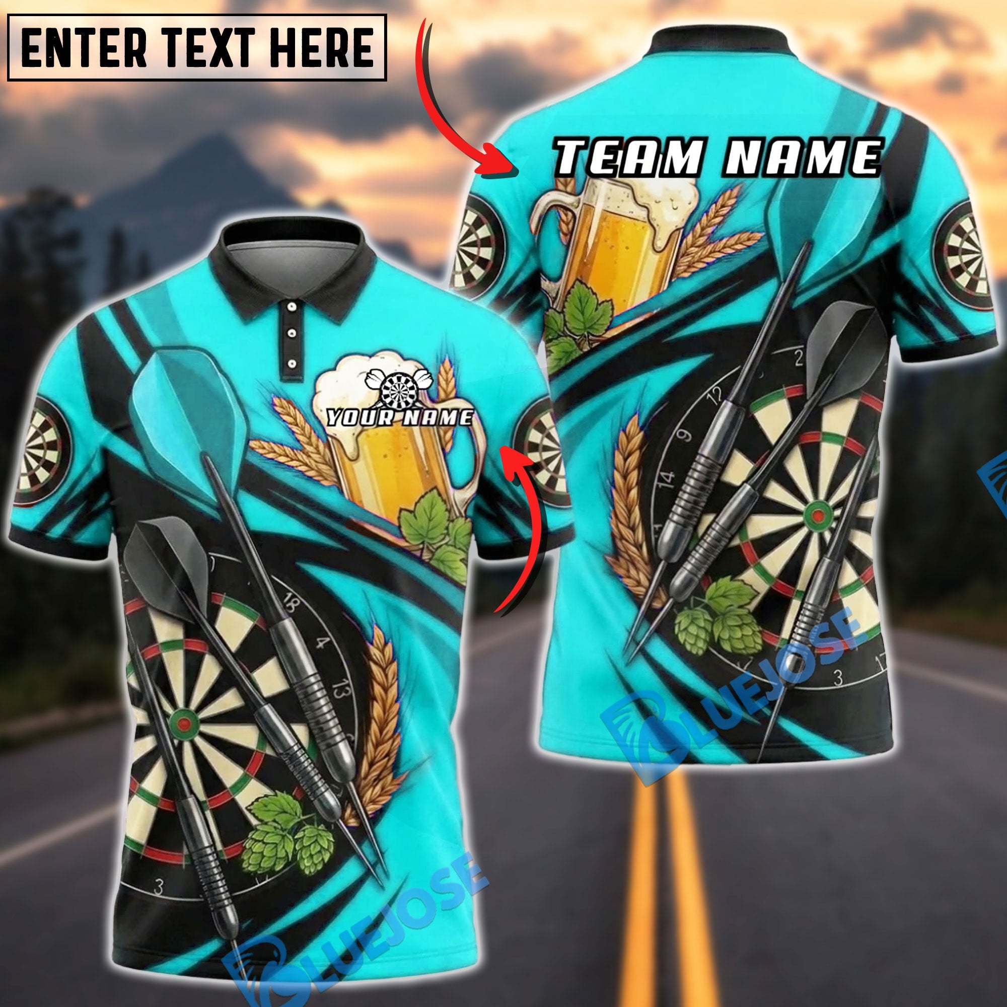 BlueJose Darts Beer Dartboard Hops and Bar Style Personalized Name, Team Name Unisex Shirt (6 Colors)