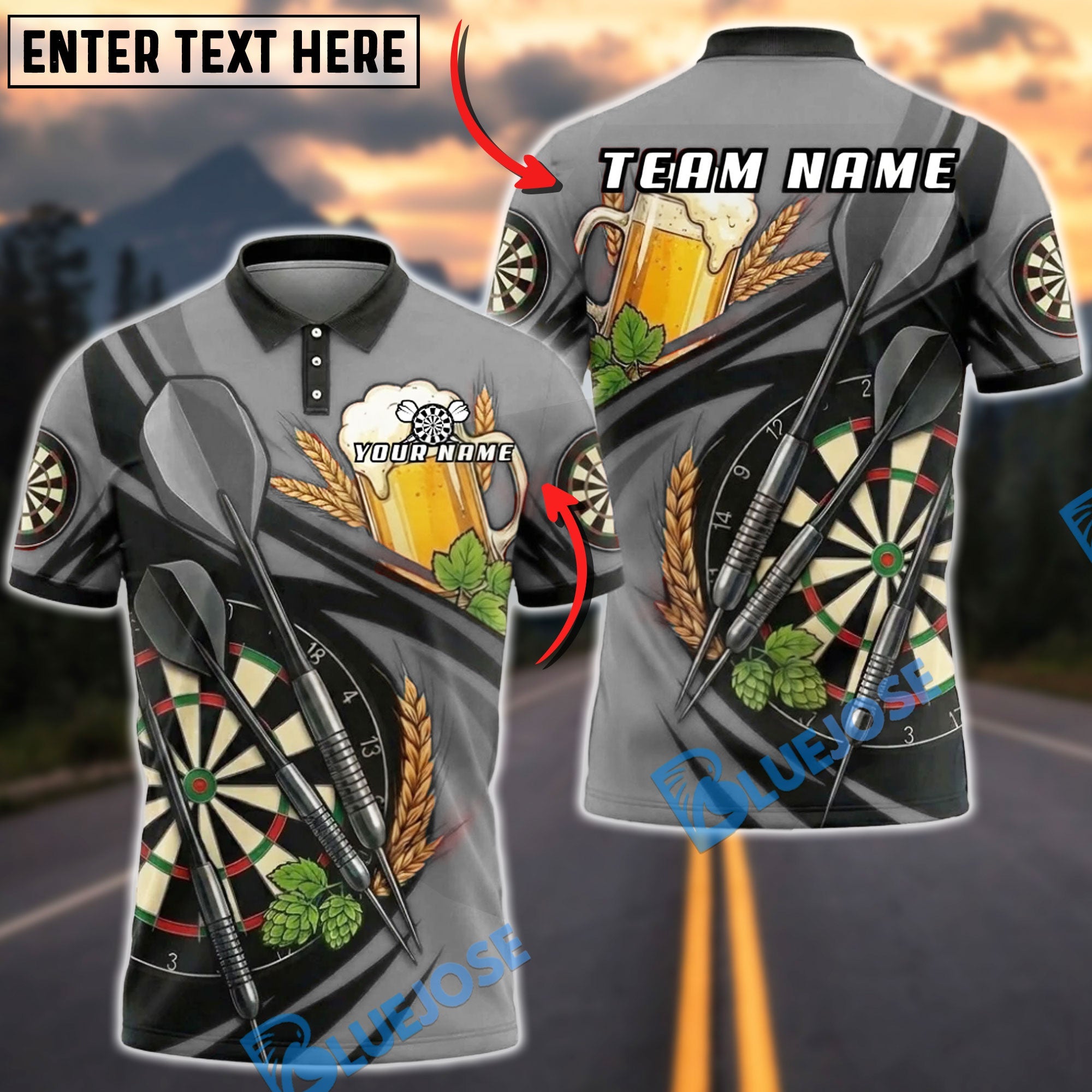 BlueJose Darts Beer Dartboard Hops and Bar Style Personalized Name, Team Name Unisex Shirt (6 Colors)