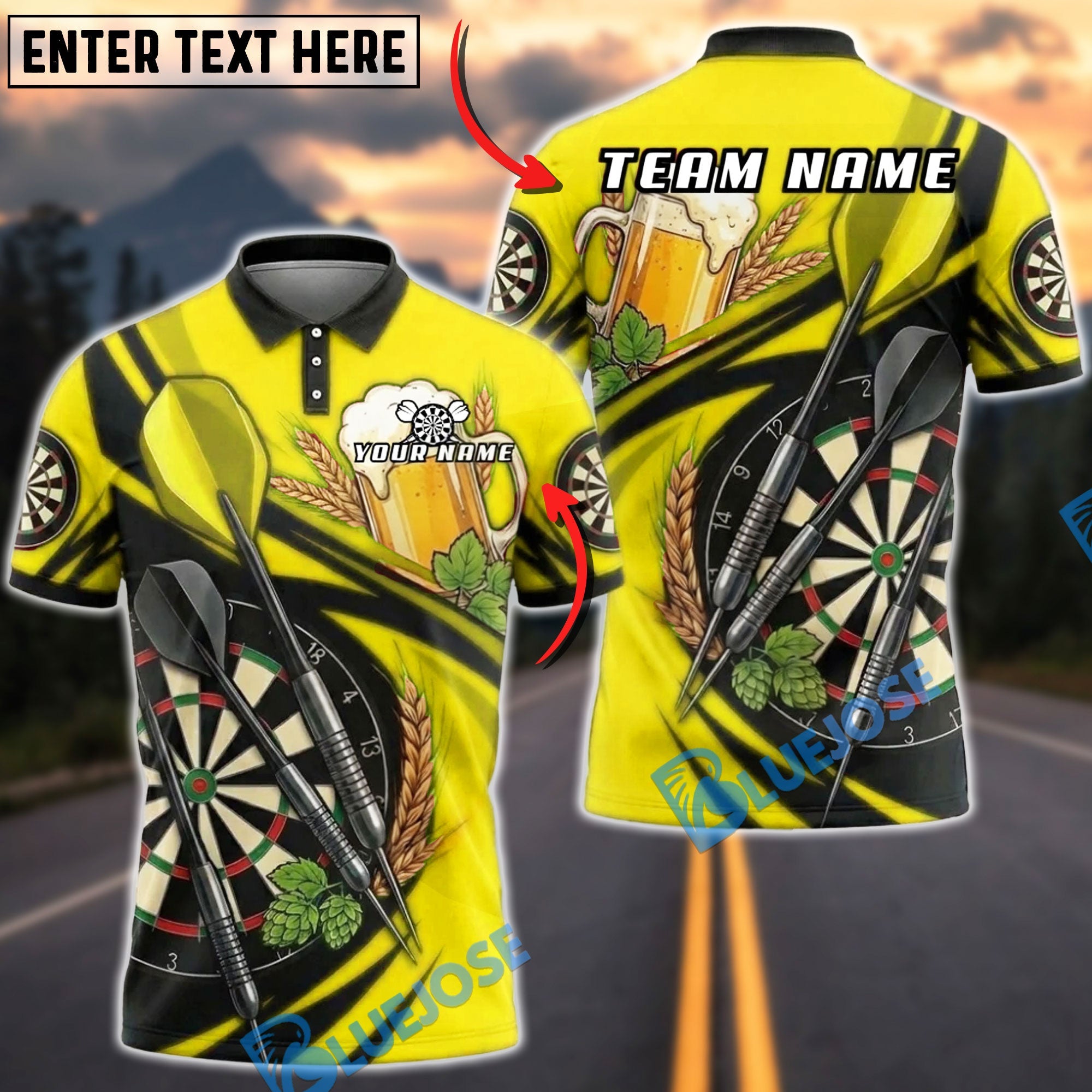 BlueJose Darts Beer Dartboard Hops and Bar Style Personalized Name, Team Name Unisex Shirt (6 Colors)