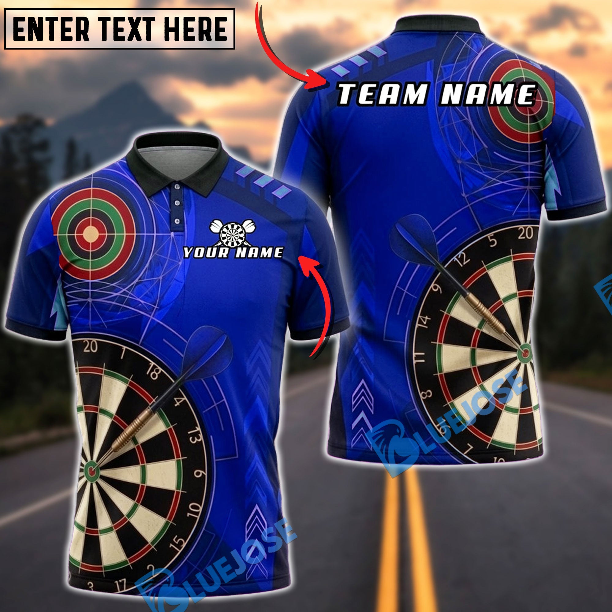 BlueJose Darts Dartboard Red Bullseye Target Personalized Name, Team Name Unisex Shirt (4 Colors)