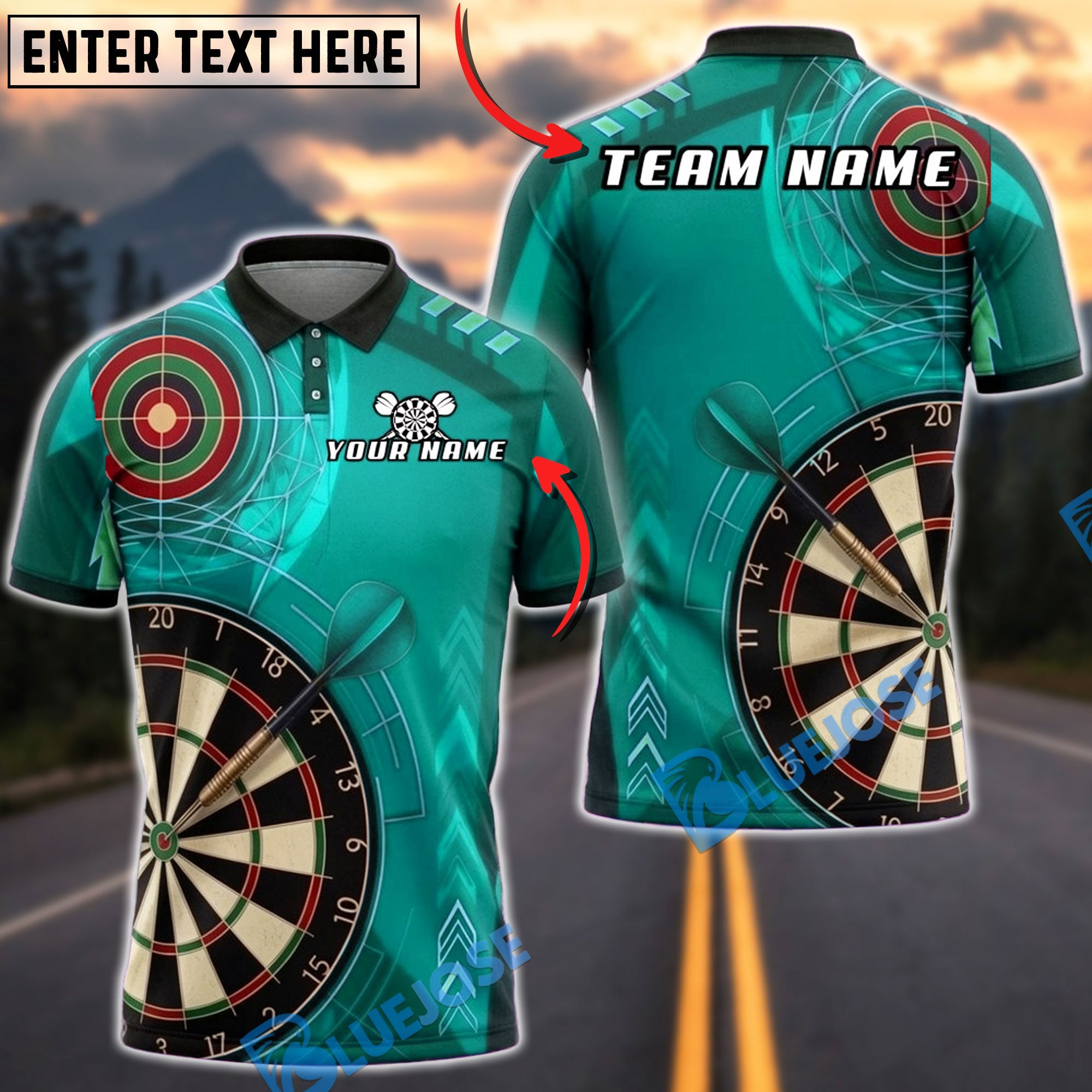 BlueJose Darts Dartboard Red Bullseye Target Personalized Name, Team Name Unisex Shirt (4 Colors)