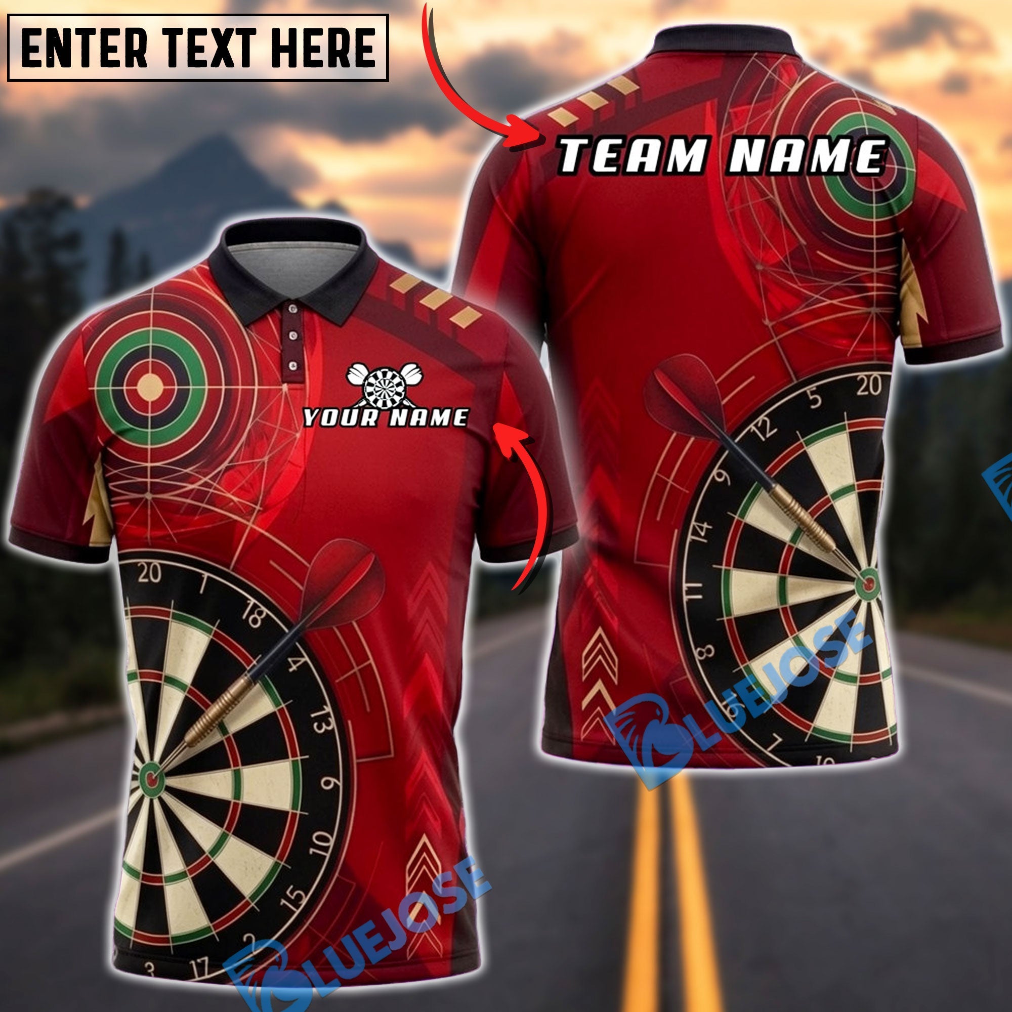 BlueJose Darts Dartboard Red Bullseye Target Personalized Name, Team Name Unisex Shirt (4 Colors)