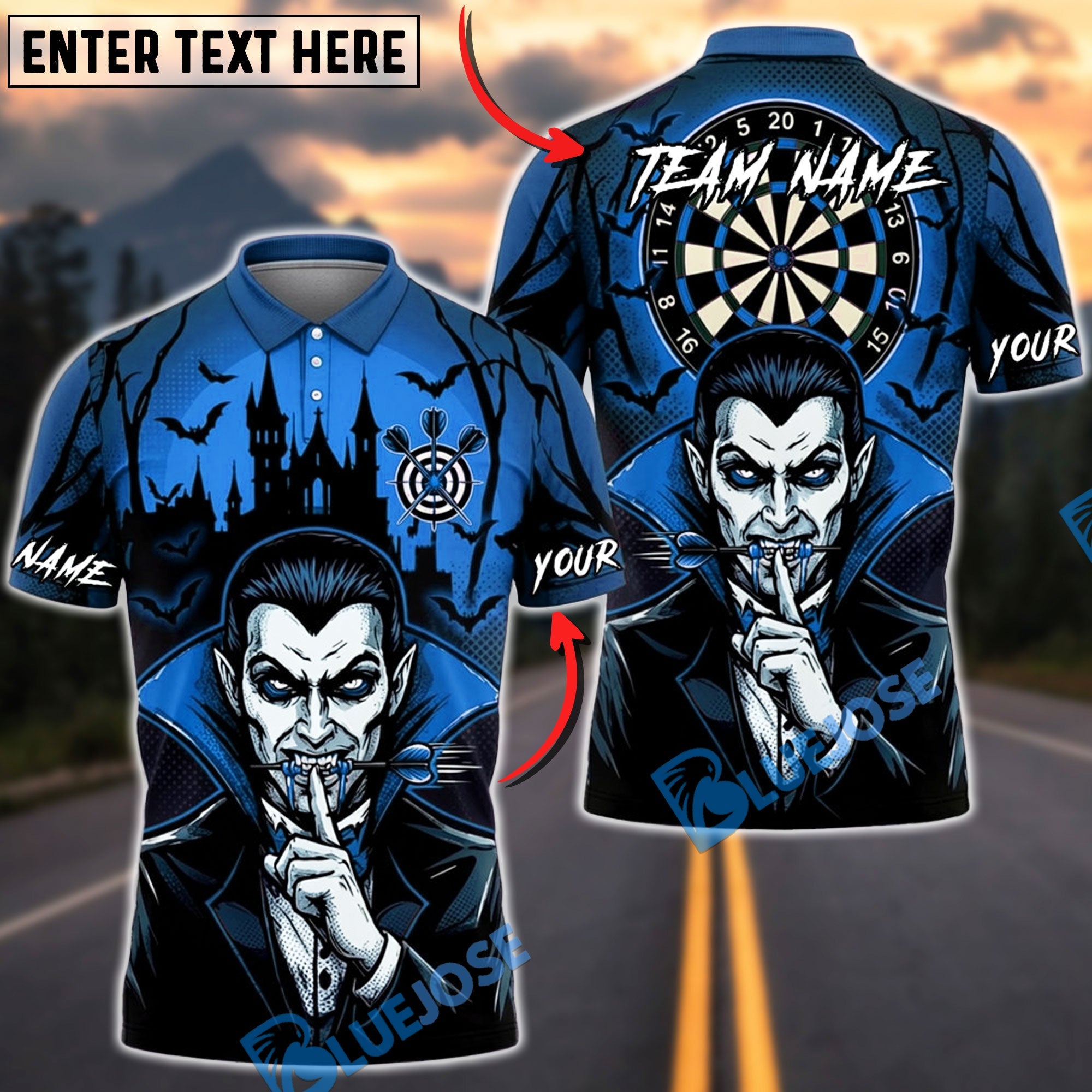 BlueJose Darts Halloween Vampire Haunted Castle and Bats Personalized Name, Team Name Unisex Shirt (4 Colors)