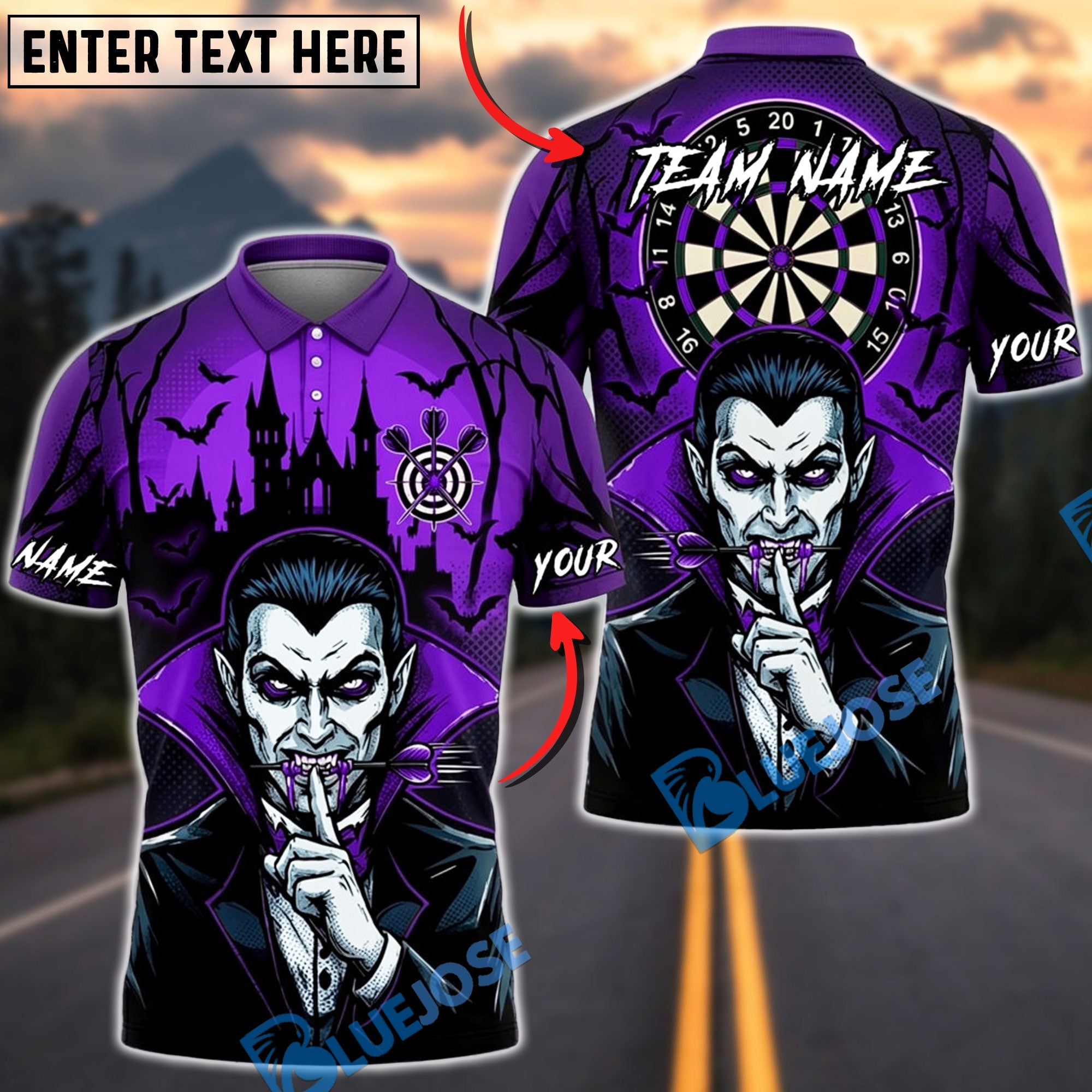 BlueJose Darts Halloween Vampire Haunted Castle and Bats Personalized Name, Team Name Unisex Shirt (4 Colors)
