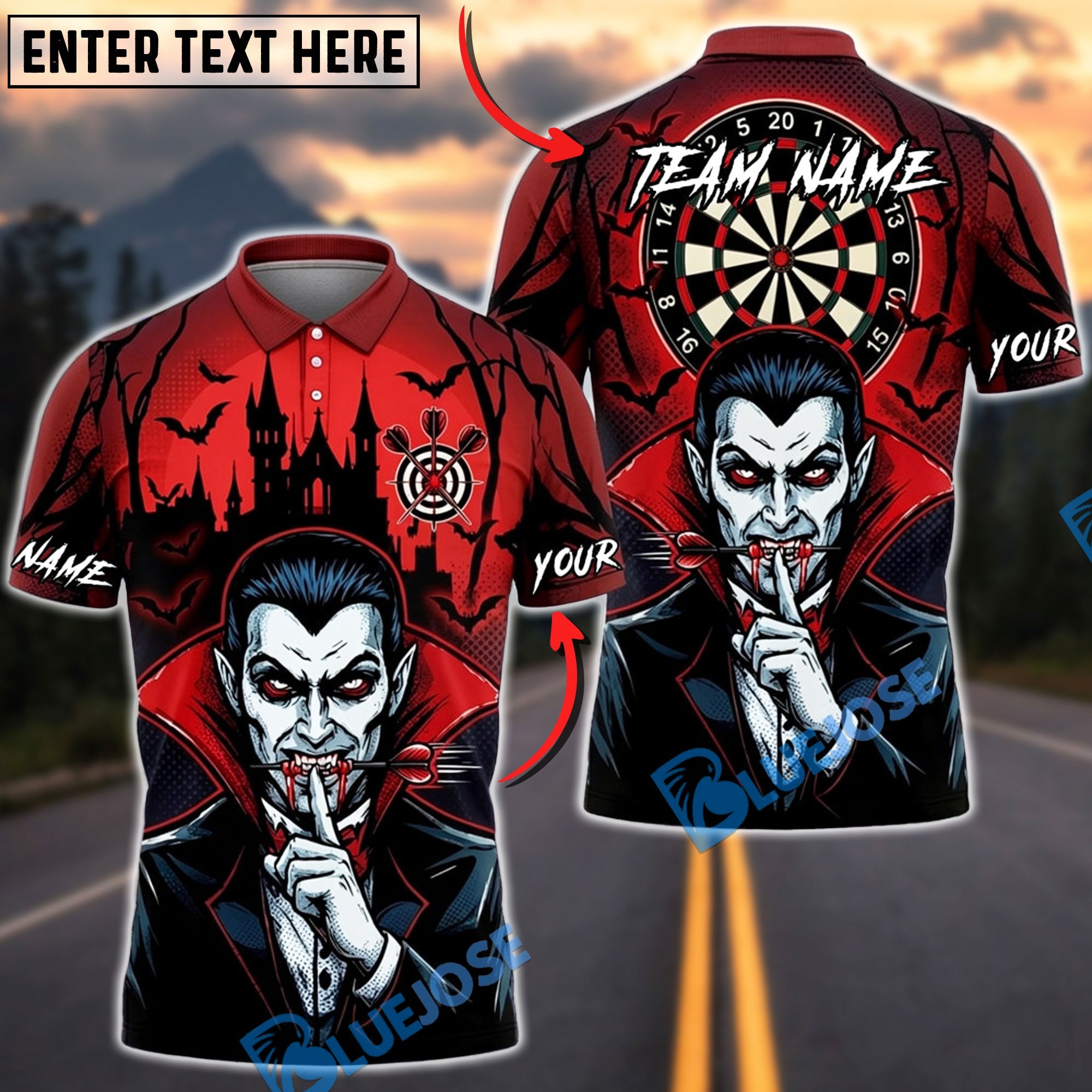 BlueJose Darts Halloween Vampire Haunted Castle and Bats Personalized Name, Team Name Unisex Shirt (4 Colors)