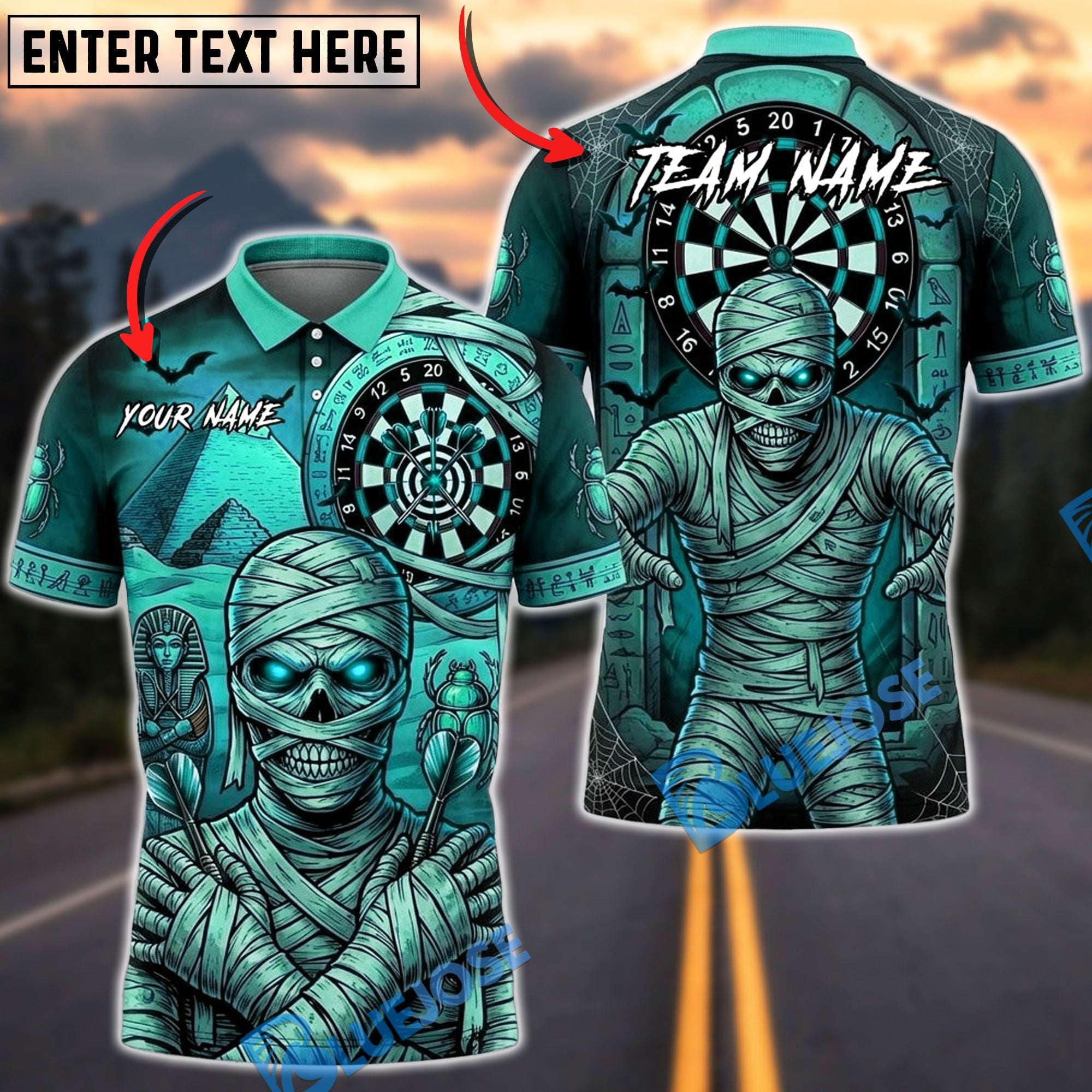 BlueJose Darts Halloween Mummy Egyptian Pyramid Ancient Tomb Personalized Name, Team Name Unisex Shirt (4 Colors)