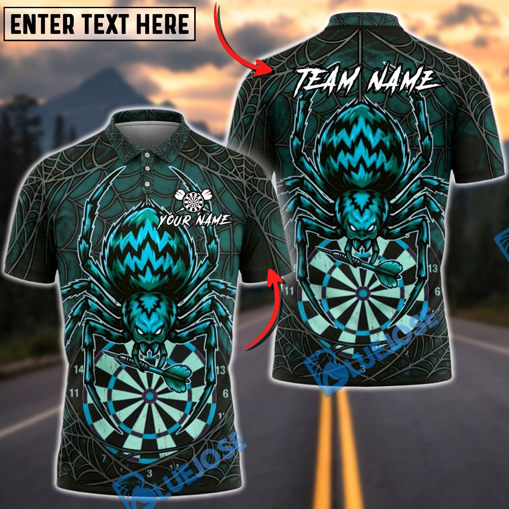 BlueJose Darts Halloween Fire Spider Wed Personalized Name, Team Name Unisex Shirt (6 Colors)