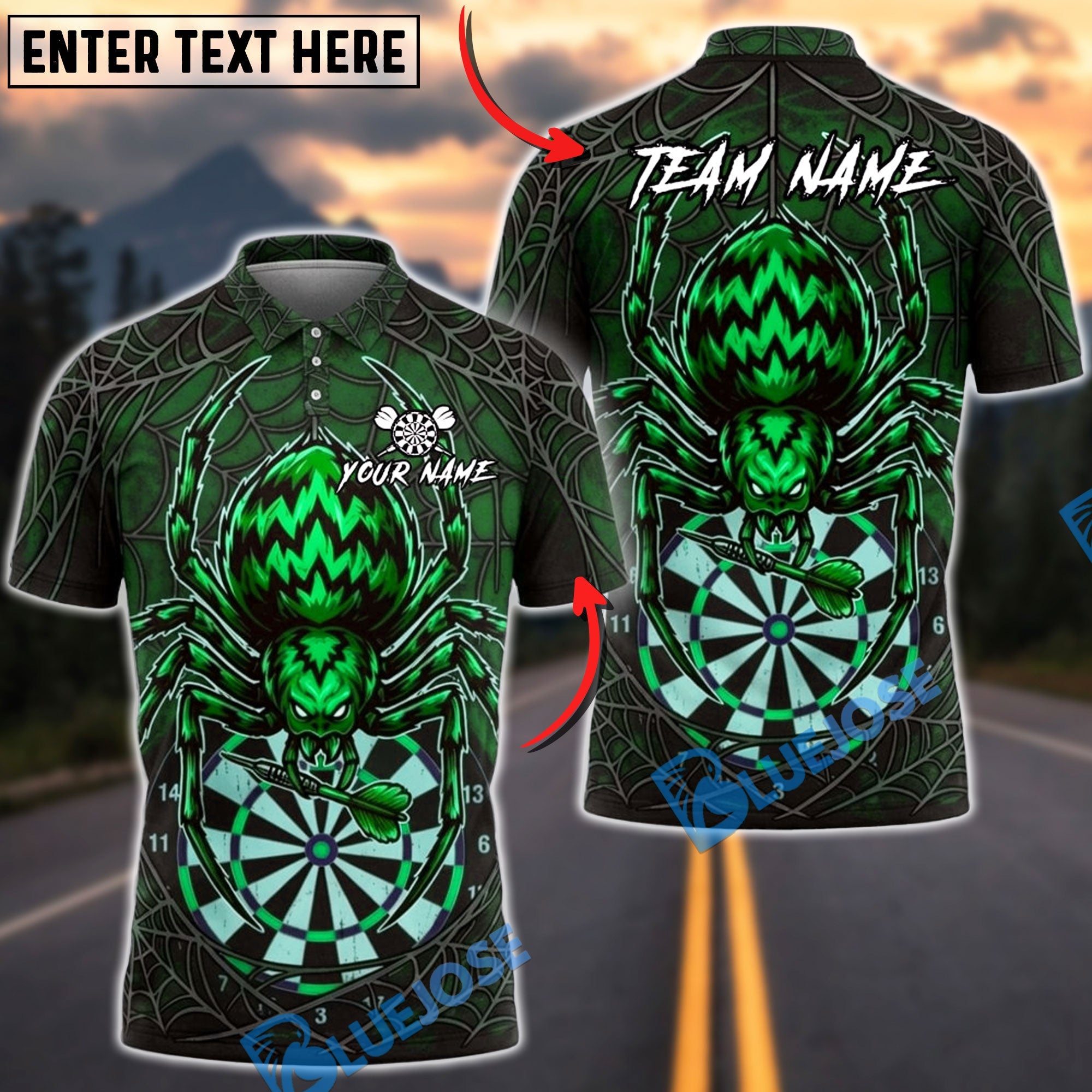 BlueJose Darts Halloween Fire Spider Wed Personalized Name, Team Name Unisex Shirt (6 Colors)