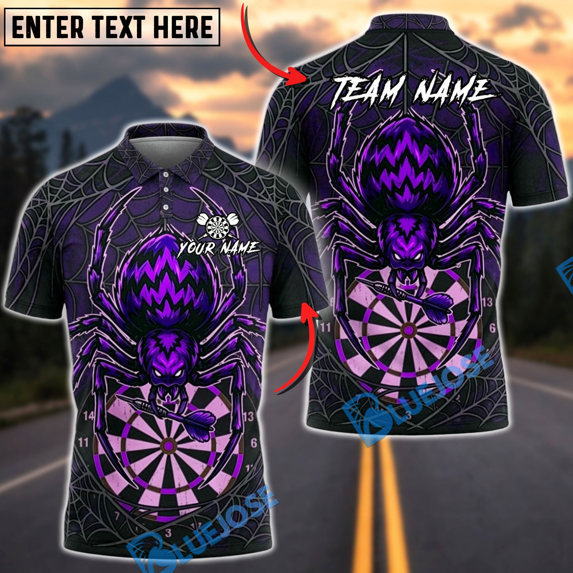 BlueJose Darts Halloween Fire Spider Wed Personalized Name, Team Name Unisex Shirt (6 Colors)
