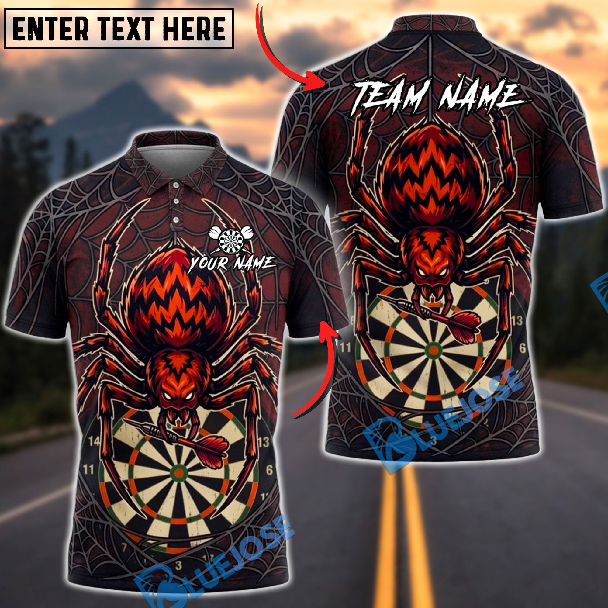 BlueJose Darts Halloween Fire Spider Wed Personalized Name, Team Name Unisex Shirt (6 Colors)