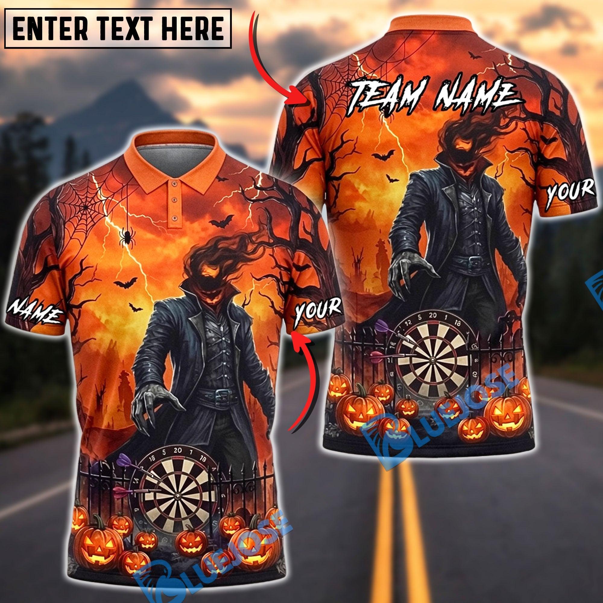 BlueJose Darts Halloween Pumpkin Head Reaper Dartboard Jack O Lantern Spider Web Personalized Name, Team Name Unisex Shirt (6 Colors)