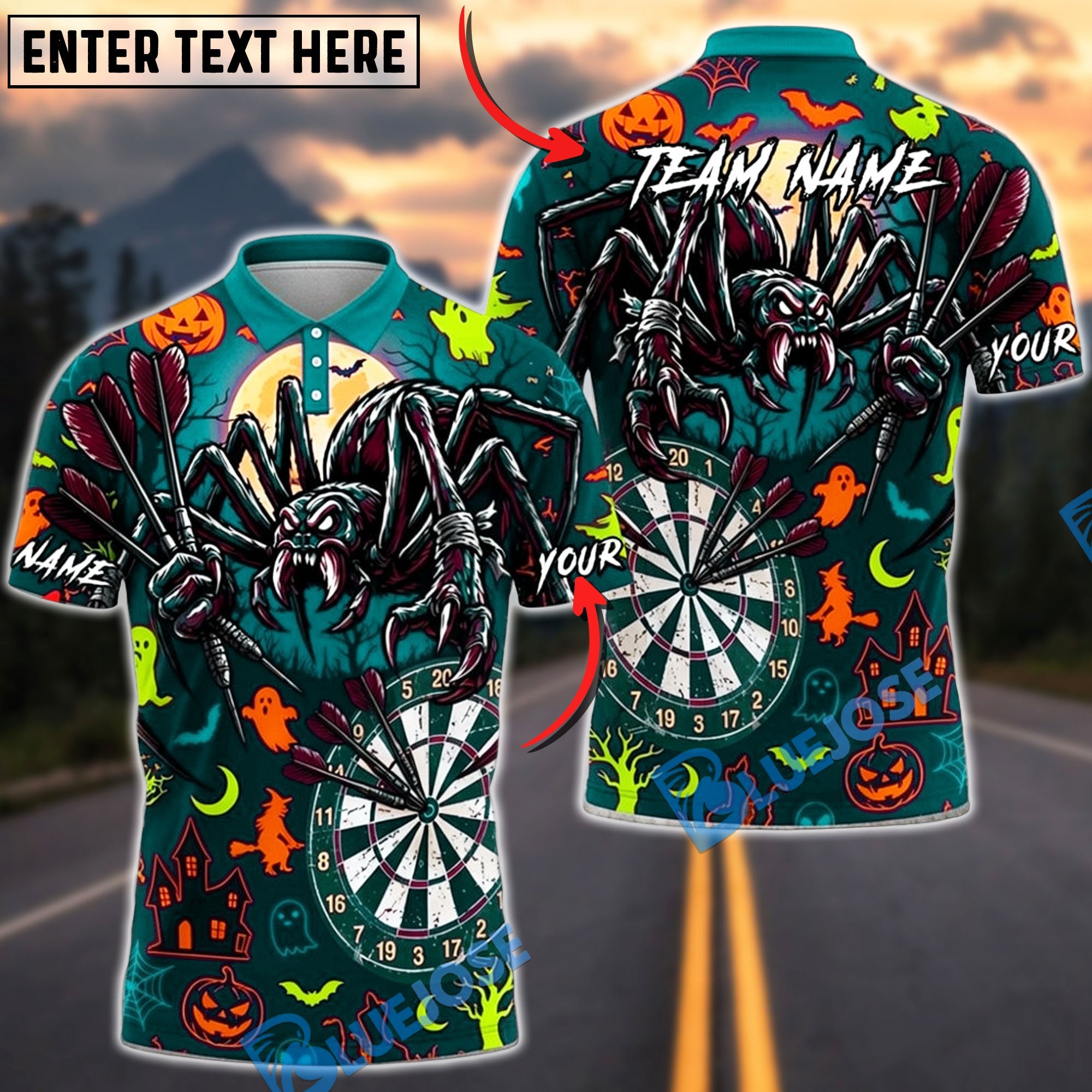 BlueJose Darts Halloween Scary Spider Ghosts Bats and Haunted House Personalized Name, Team Name Unisex Shirt (6 Colors)