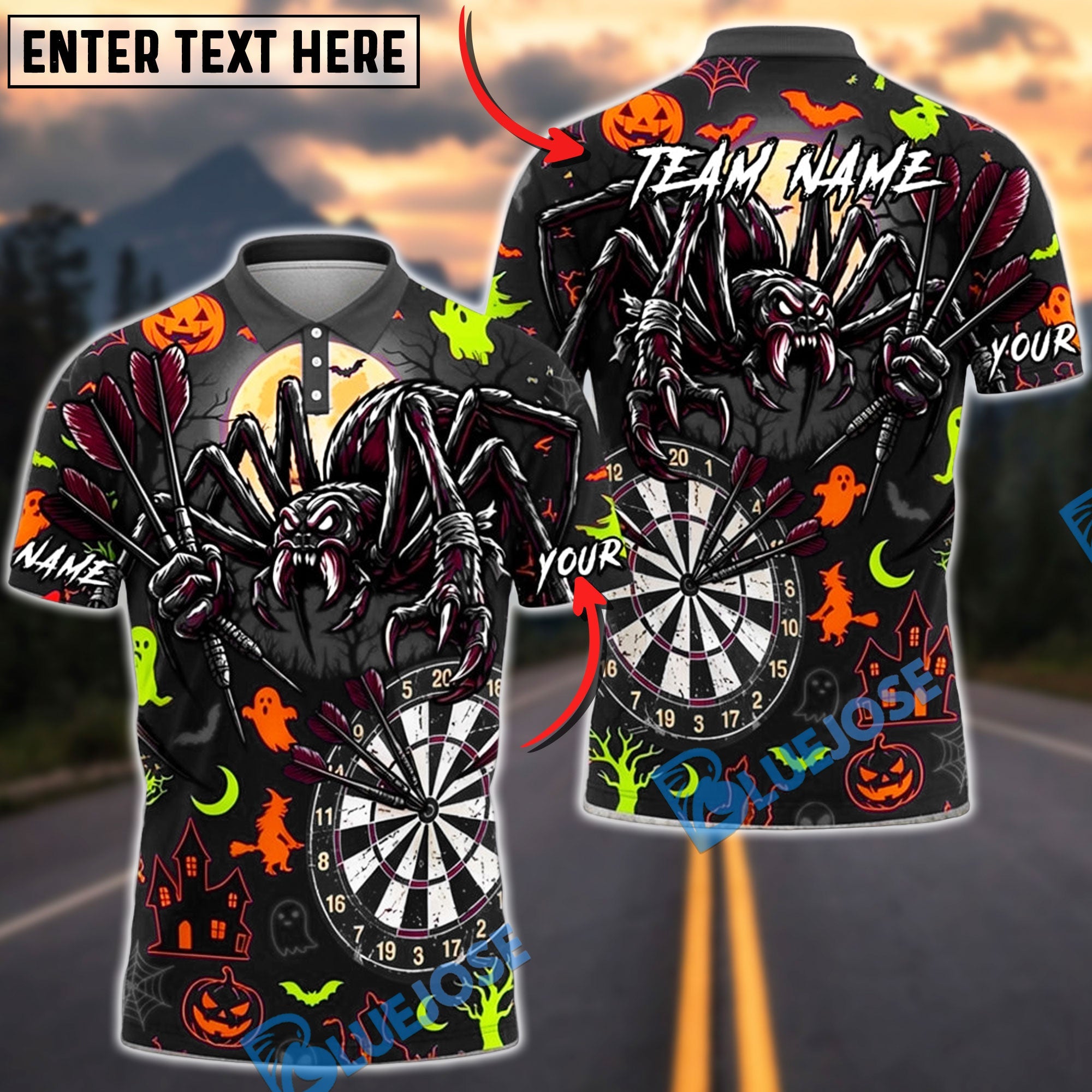 BlueJose Darts Halloween Scary Spider Ghosts Bats and Haunted House Personalized Name, Team Name Unisex Shirt (6 Colors)