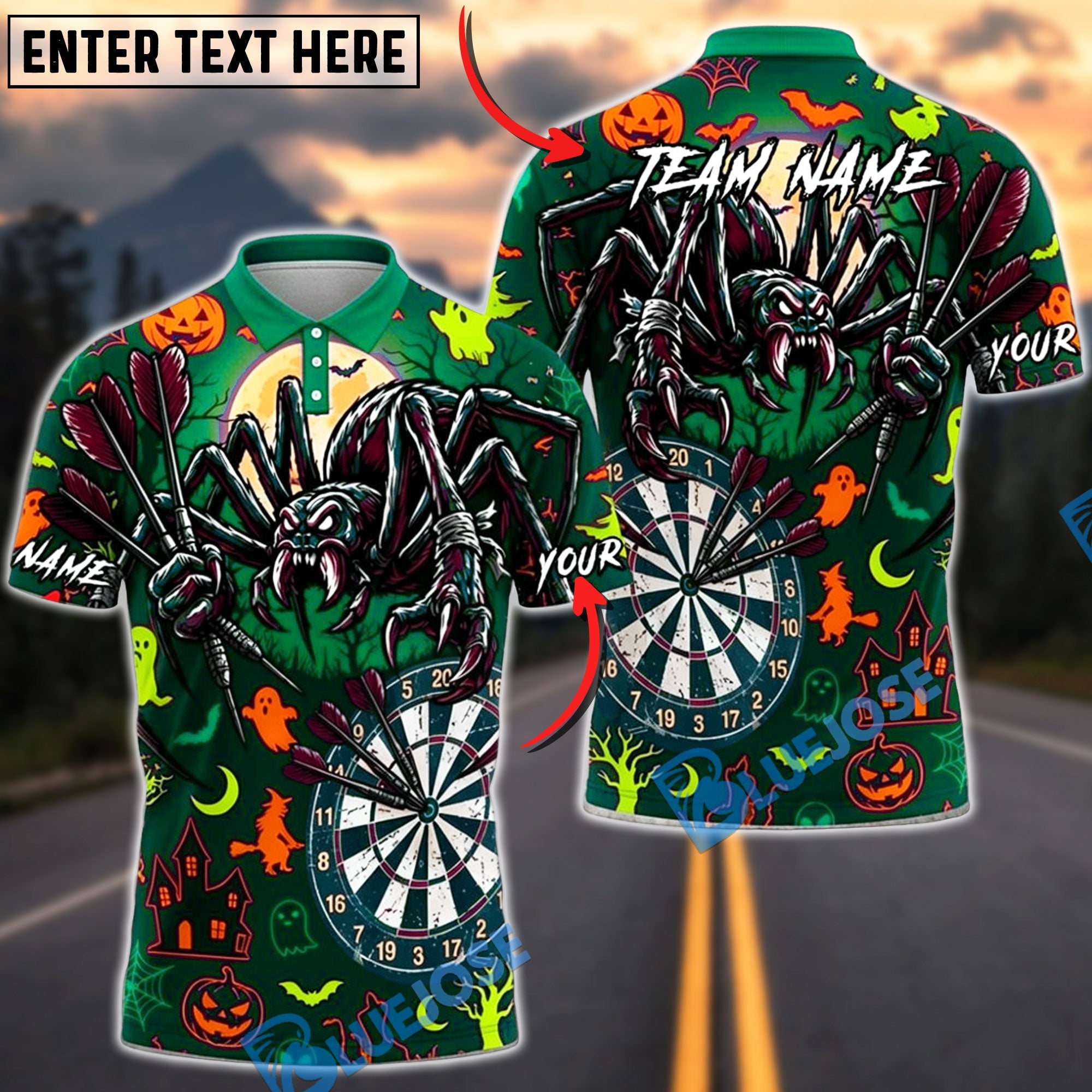 BlueJose Darts Halloween Scary Spider Ghosts Bats and Haunted House Personalized Name, Team Name Unisex Shirt (6 Colors)