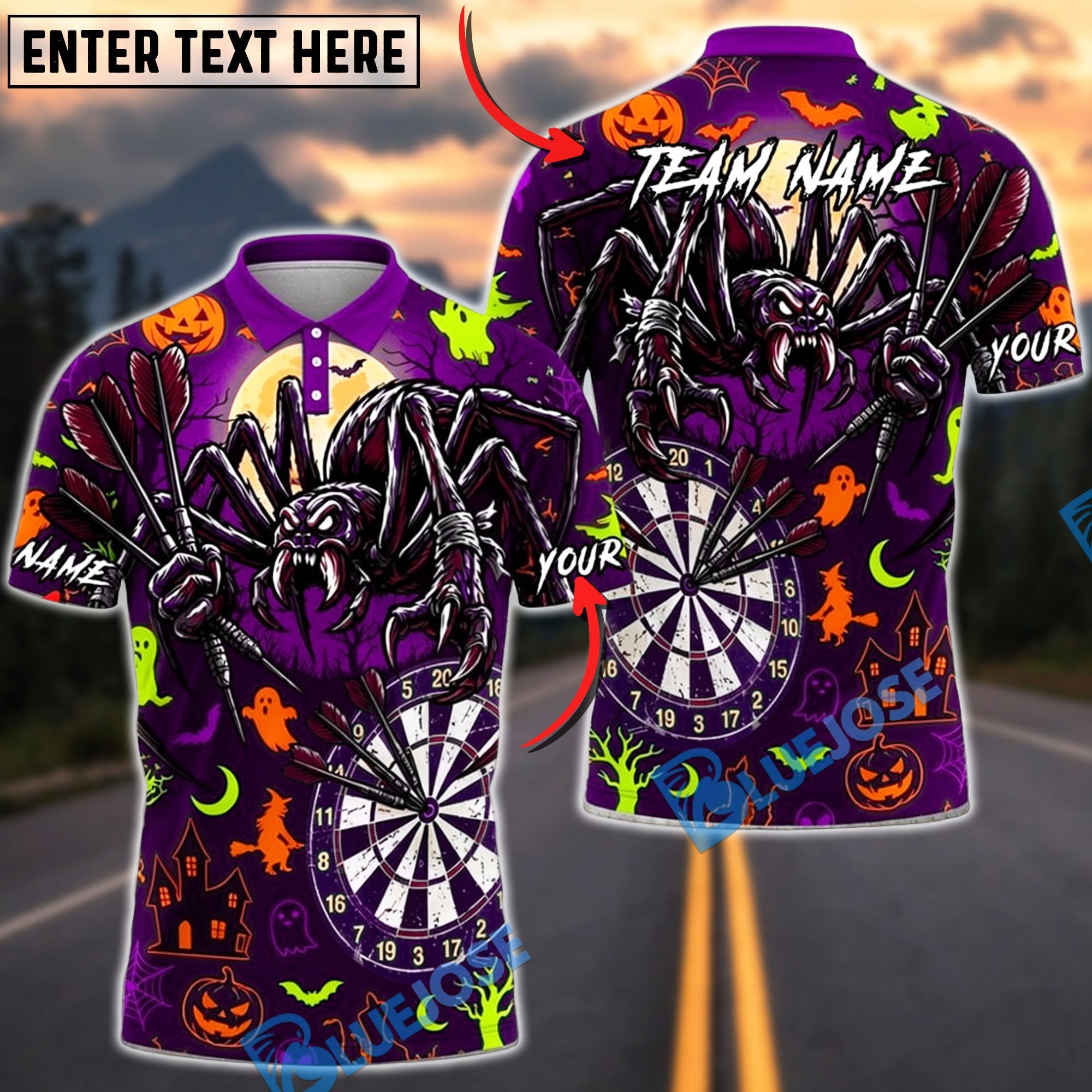BlueJose Darts Halloween Scary Spider Ghosts Bats and Haunted House Personalized Name, Team Name Unisex Shirt (6 Colors)