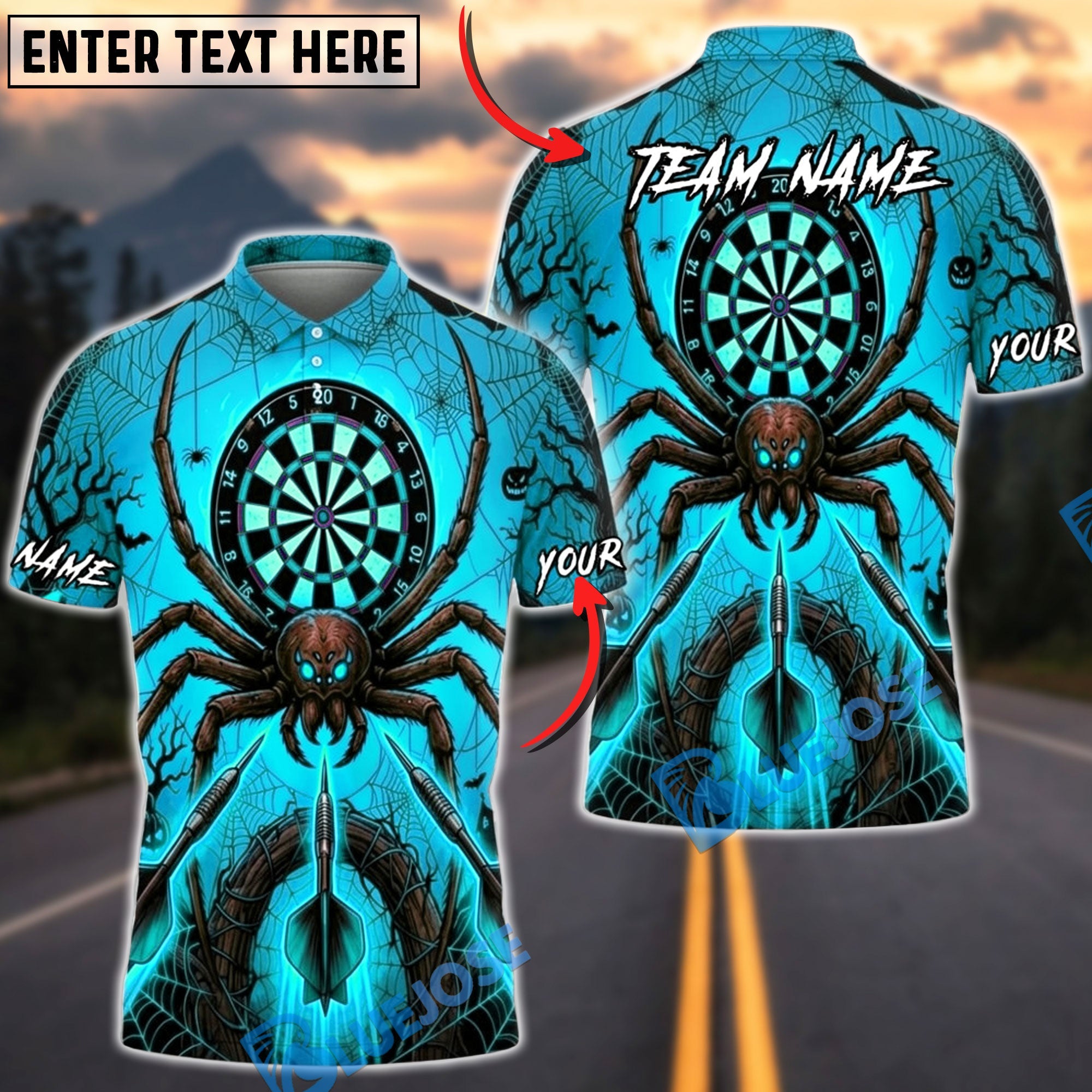 BlueJose Darts Halloween Giant Spider Triple Arrows Personalized Name, Team Name Unisex Shirt (6 Colors)