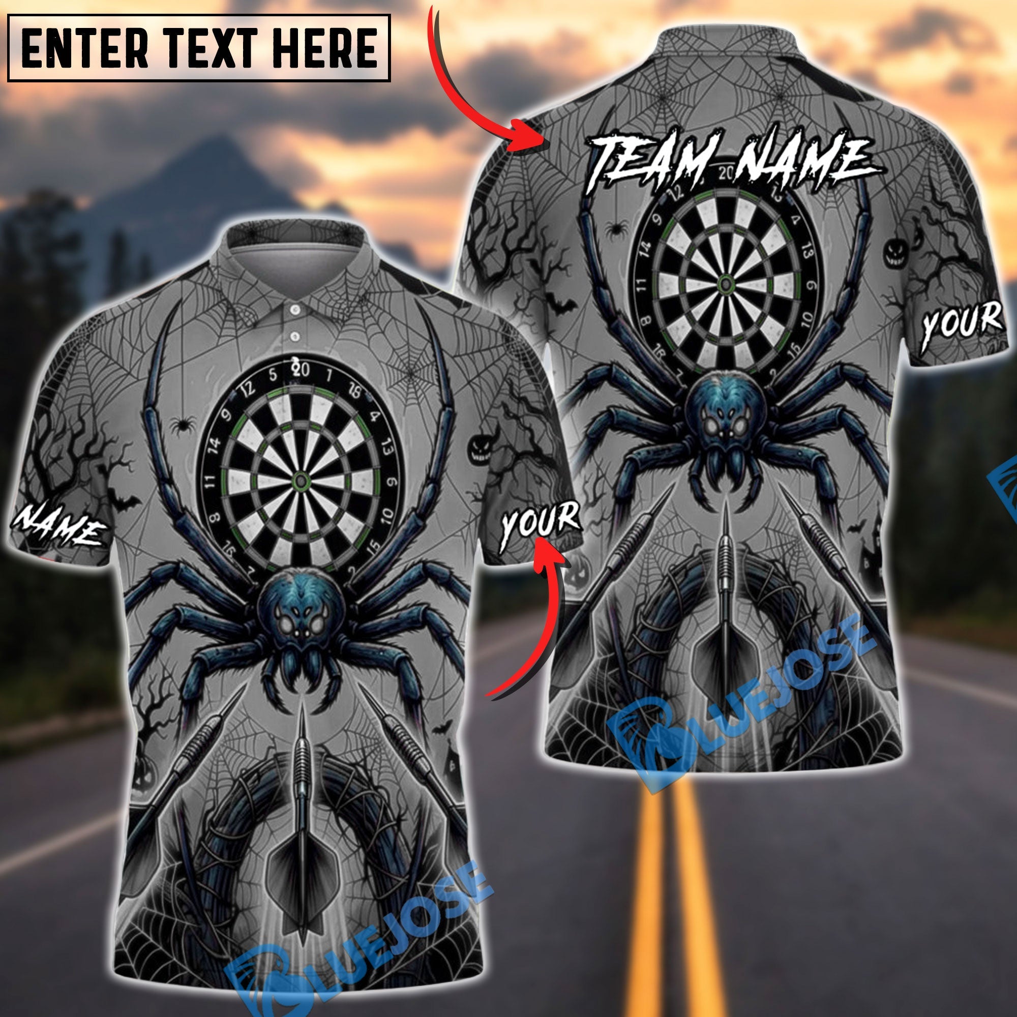 BlueJose Darts Halloween Giant Spider Triple Arrows Personalized Name, Team Name Unisex Shirt (6 Colors)
