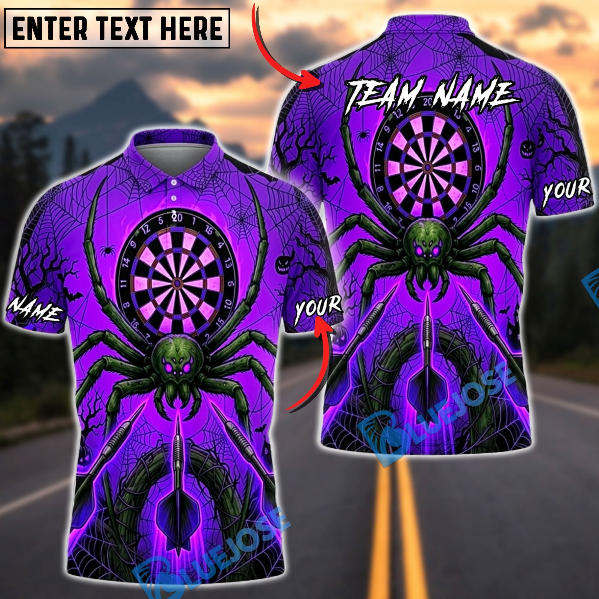 BlueJose Darts Halloween Giant Spider Triple Arrows Personalized Name, Team Name Unisex Shirt (6 Colors)