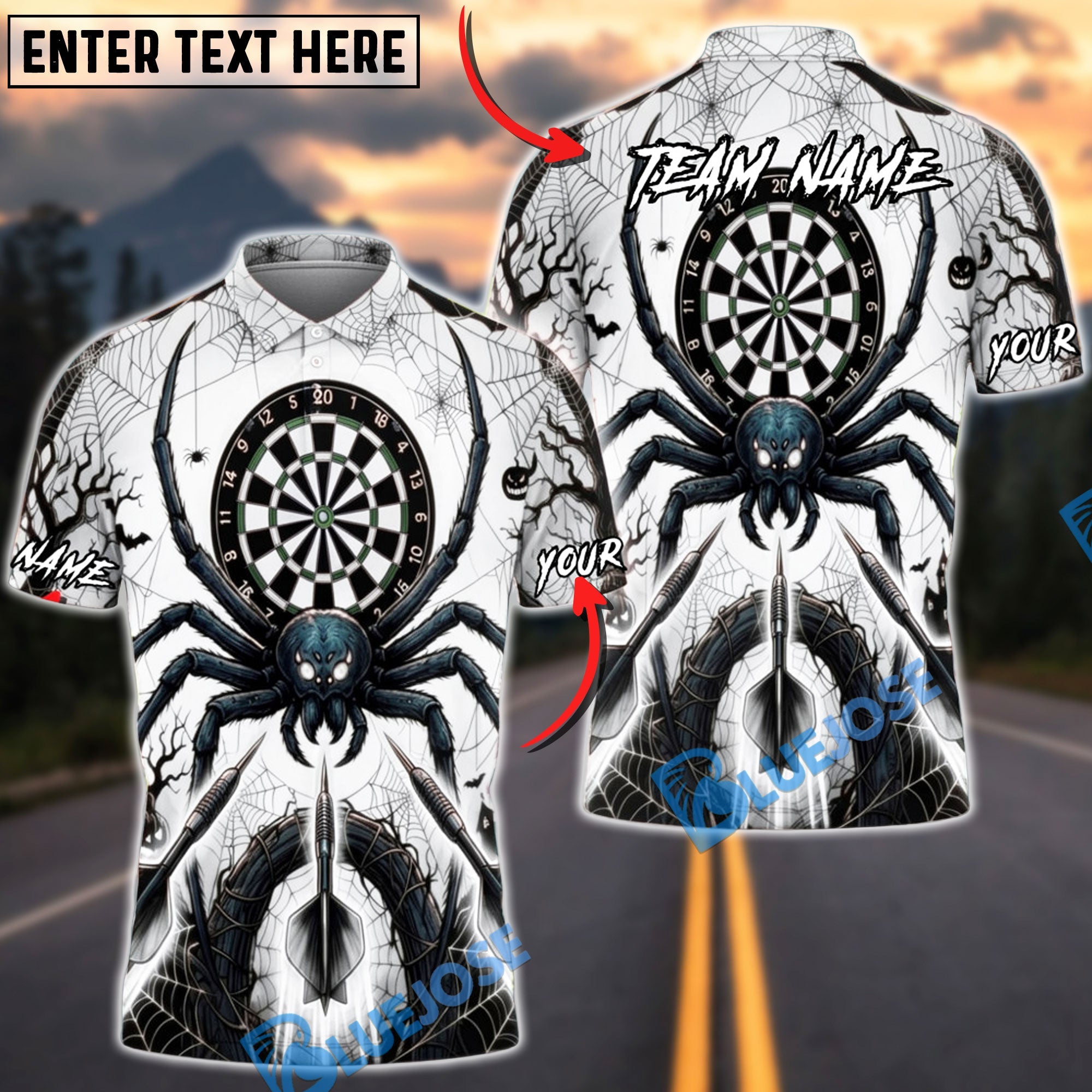 BlueJose Darts Halloween Giant Spider Triple Arrows Personalized Name, Team Name Unisex Shirt (6 Colors)