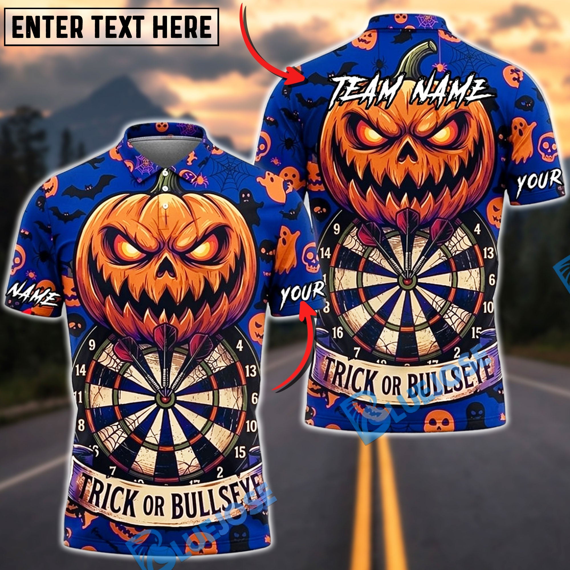 BlueJose Darts Halloween Evil Jack O Lantern Bats Trick Or Bullseye Personalized Name, Team Name Unisex Shirt (6 Colors)