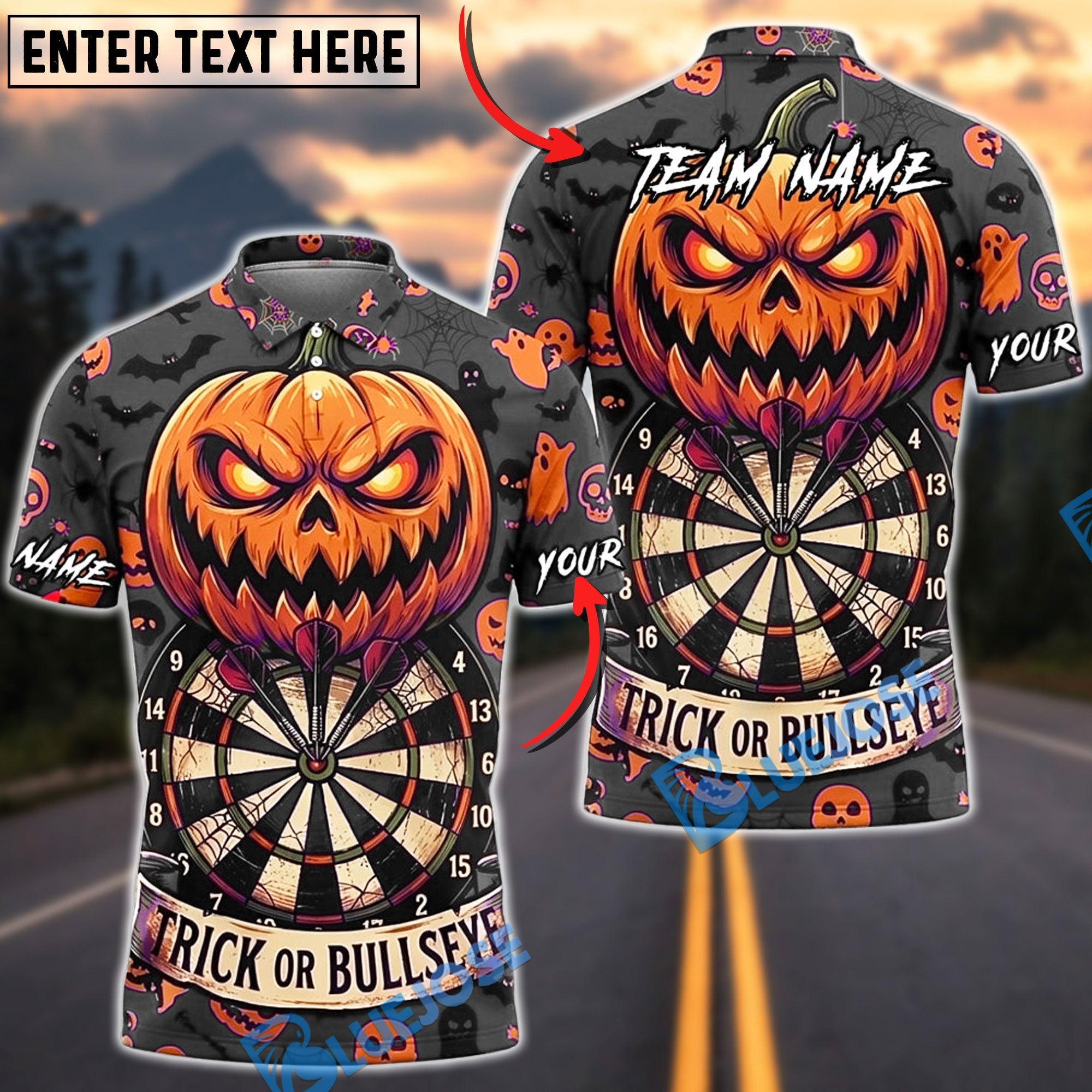 BlueJose Darts Halloween Evil Jack O Lantern Bats Trick Or Bullseye Personalized Name, Team Name Unisex Shirt (6 Colors)