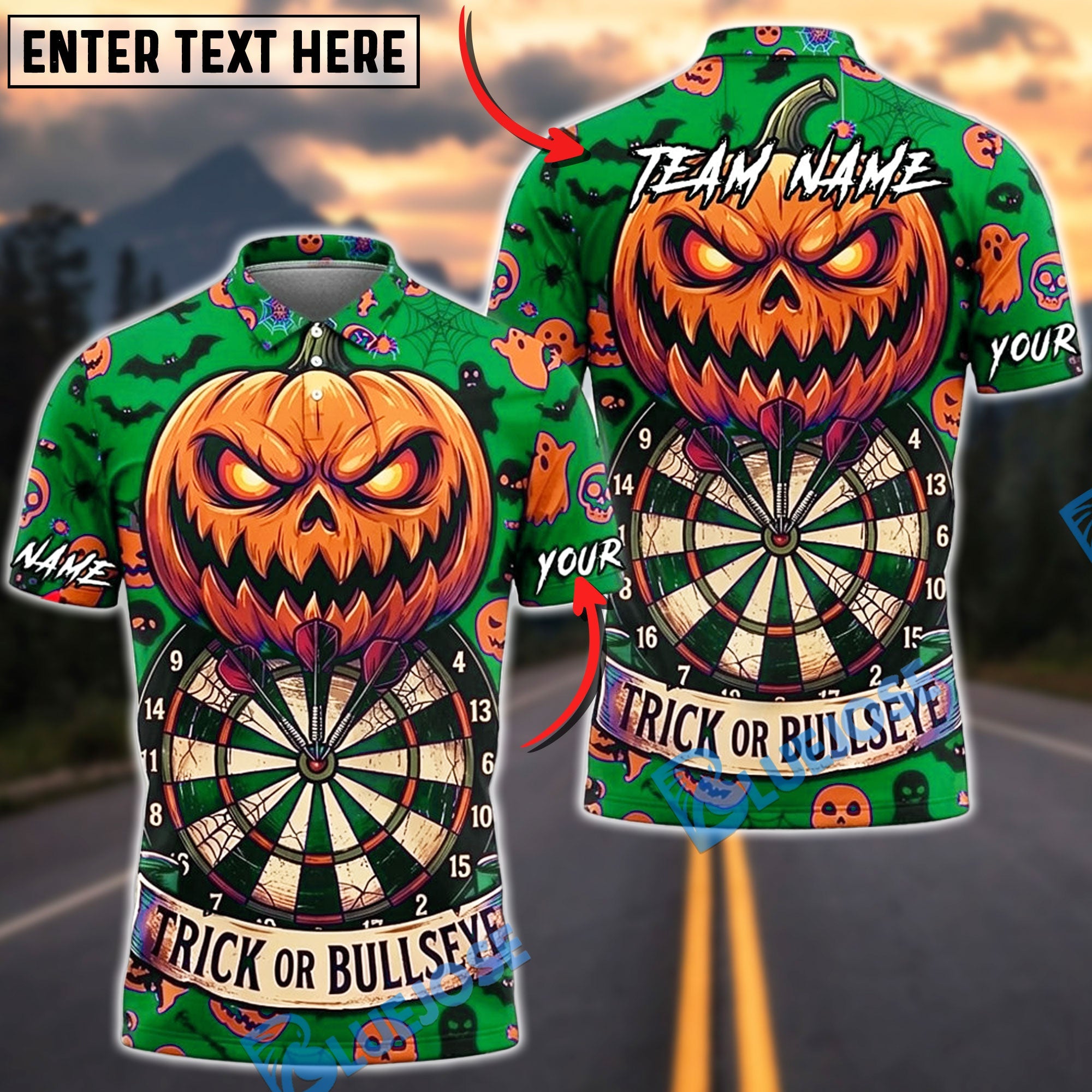 BlueJose Darts Halloween Evil Jack O Lantern Bats Trick Or Bullseye Personalized Name, Team Name Unisex Shirt (6 Colors)